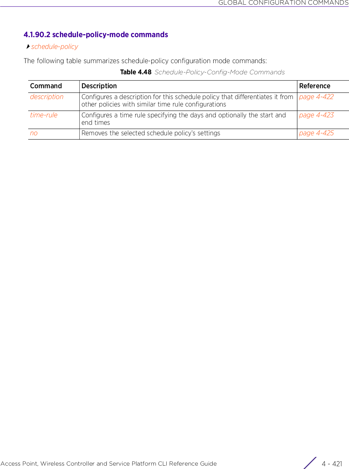 GLOBAL CONFIGURATION COMMANDSAccess Point, Wireless Controller and Service Platform CLI Reference Guide 4 - 4214.1.90.2 schedule-policy-mode commandsschedule-policyThe following table summarizes schedule-policy configuration mode commands:Table 4.48 Schedule-Policy-Config-Mode CommandsCommand Description Referencedescription Configures a description for this schedule policy that differentiates it from other policies with similar time rule configurationspage 4-422time-rule Configures a time rule specifying the days and optionally the start and end timespage 4-423no Removes the selected schedule policy’s settings page 4-425