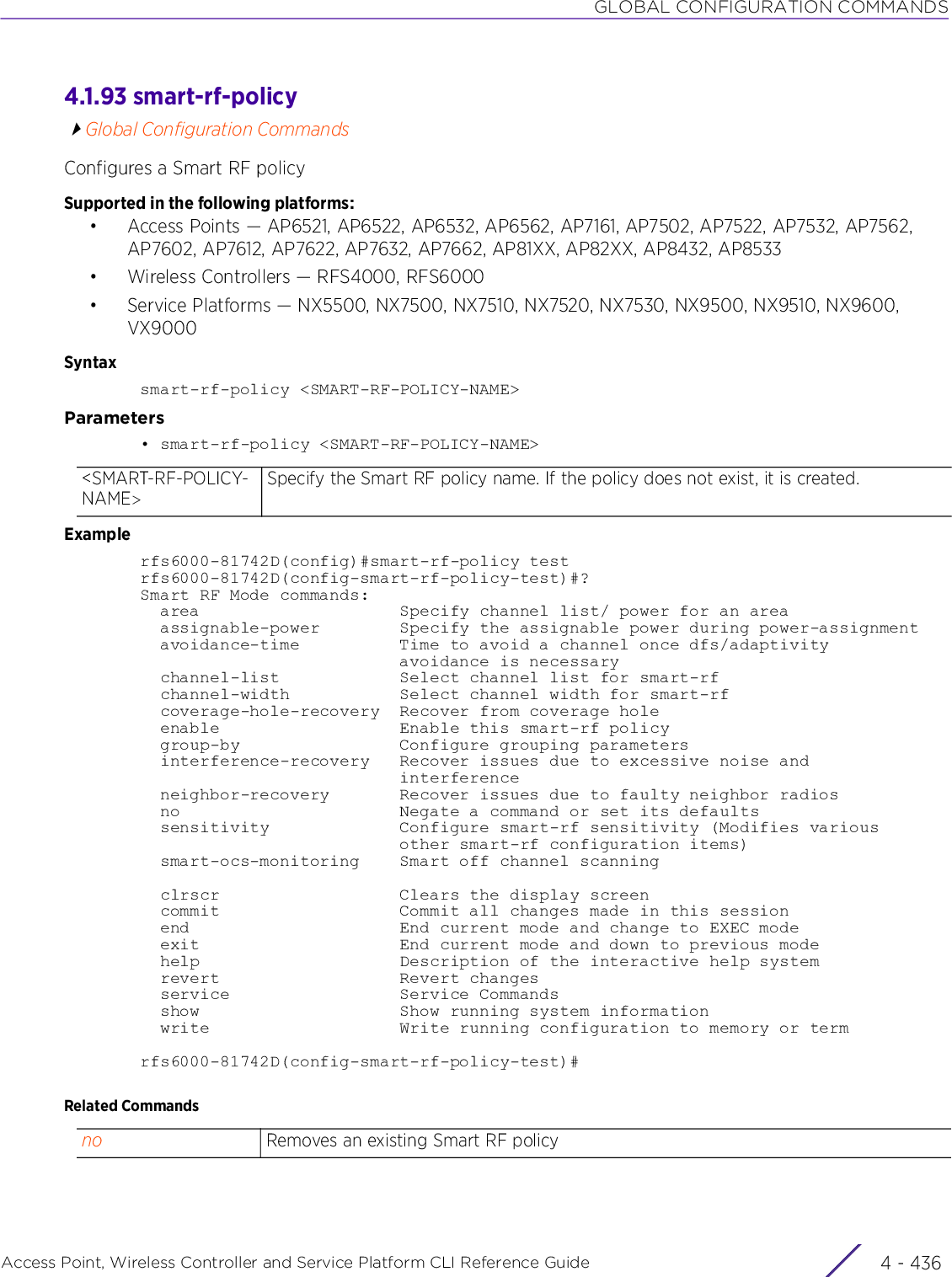 GLOBAL CONFIGURATION COMMANDSAccess Point, Wireless Controller and Service Platform CLI Reference Guide  4 - 4364.1.93 smart-rf-policyGlobal Configuration CommandsConfigures a Smart RF policySupported in the following platforms:• Access Points — AP6521, AP6522, AP6532, AP6562, AP7161, AP7502, AP7522, AP7532, AP7562, AP7602, AP7612, AP7622, AP7632, AP7662, AP81XX, AP82XX, AP8432, AP8533• Wireless Controllers — RFS4000, RFS6000• Service Platforms — NX5500, NX7500, NX7510, NX7520, NX7530, NX9500, NX9510, NX9600, VX9000Syntaxsmart-rf-policy &lt;SMART-RF-POLICY-NAME&gt;Parameters• smart-rf-policy &lt;SMART-RF-POLICY-NAME&gt;Examplerfs6000-81742D(config)#smart-rf-policy testrfs6000-81742D(config-smart-rf-policy-test)#?Smart RF Mode commands:  area                    Specify channel list/ power for an area  assignable-power        Specify the assignable power during power-assignment  avoidance-time          Time to avoid a channel once dfs/adaptivity                          avoidance is necessary  channel-list            Select channel list for smart-rf  channel-width           Select channel width for smart-rf  coverage-hole-recovery  Recover from coverage hole  enable                  Enable this smart-rf policy  group-by                Configure grouping parameters  interference-recovery   Recover issues due to excessive noise and                          interference  neighbor-recovery       Recover issues due to faulty neighbor radios  no                      Negate a command or set its defaults  sensitivity             Configure smart-rf sensitivity (Modifies various                          other smart-rf configuration items)  smart-ocs-monitoring    Smart off channel scanning  clrscr                  Clears the display screen  commit                  Commit all changes made in this session  end                     End current mode and change to EXEC mode  exit                    End current mode and down to previous mode  help                    Description of the interactive help system  revert                  Revert changes  service                 Service Commands  show                    Show running system information  write                   Write running configuration to memory or termrfs6000-81742D(config-smart-rf-policy-test)#Related Commands&lt;SMART-RF-POLICY-NAME&gt;Specify the Smart RF policy name. If the policy does not exist, it is created.no Removes an existing Smart RF policy