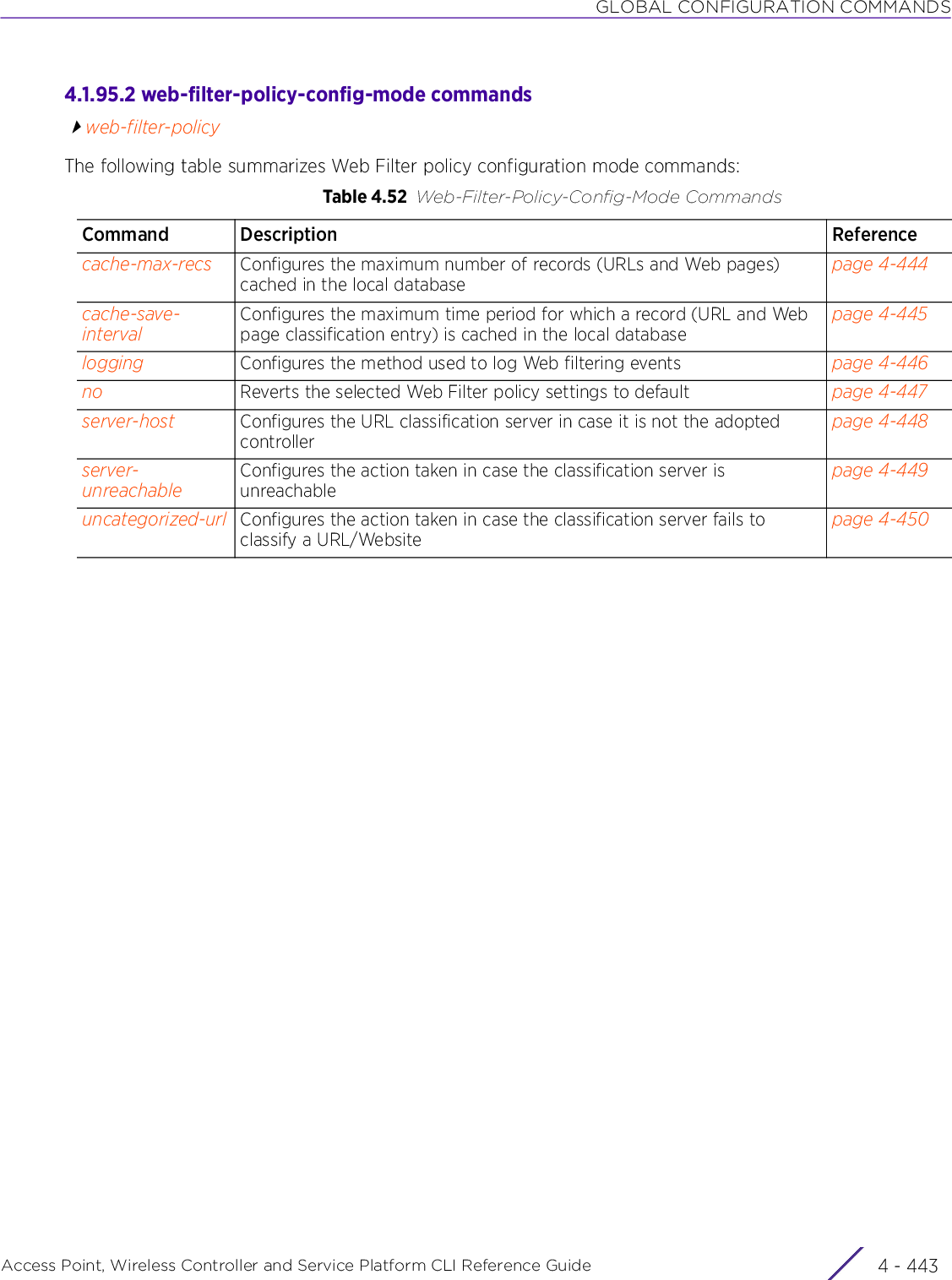 GLOBAL CONFIGURATION COMMANDSAccess Point, Wireless Controller and Service Platform CLI Reference Guide 4 - 4434.1.95.2 web-filter-policy-config-mode commandsweb-filter-policyThe following table summarizes Web Filter policy configuration mode commands:Table 4.52 Web-Filter-Policy-Config-Mode CommandsCommand Description Referencecache-max-recs Configures the maximum number of records (URLs and Web pages) cached in the local databasepage 4-444cache-save-intervalConfigures the maximum time period for which a record (URL and Web page classification entry) is cached in the local databasepage 4-445logging Configures the method used to log Web filtering events page 4-446no Reverts the selected Web Filter policy settings to default page 4-447server-host Configures the URL classification server in case it is not the adopted controllerpage 4-448server-unreachableConfigures the action taken in case the classification server is unreachablepage 4-449uncategorized-url Configures the action taken in case the classification server fails to classify a URL/Websitepage 4-450