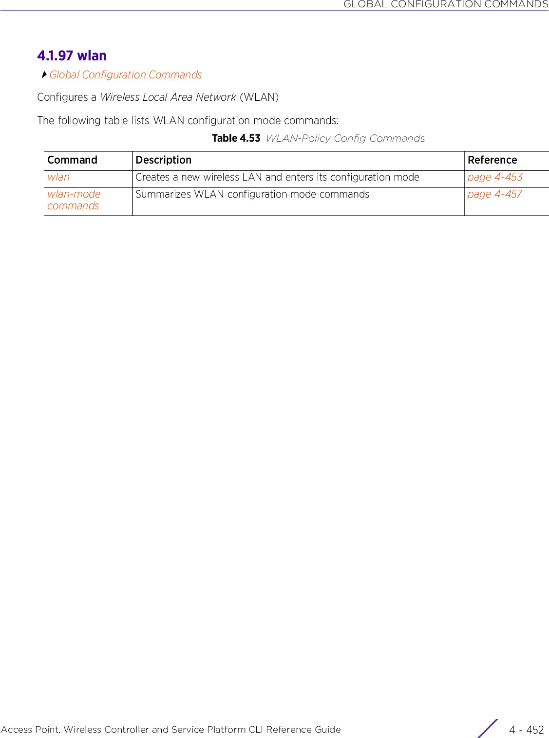 GLOBAL CONFIGURATION COMMANDSAccess Point, Wireless Controller and Service Platform CLI Reference Guide  4 - 4524.1.97 wlanGlobal Configuration CommandsConfigures a Wireless Local Area Network (WLAN)The following table lists WLAN configuration mode commands:Table 4.53 WLAN-Policy Config CommandsCommand Description Referencewlan Creates a new wireless LAN and enters its configuration mode page 4-453wlan-mode commandsSummarizes WLAN configuration mode commands page 4-457
