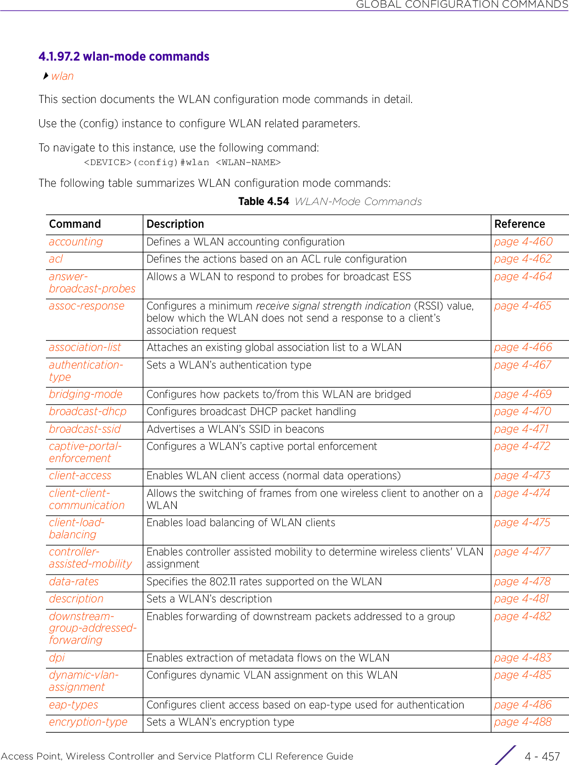 GLOBAL CONFIGURATION COMMANDSAccess Point, Wireless Controller and Service Platform CLI Reference Guide 4 - 4574.1.97.2 wlan-mode commandswlanThis section documents the WLAN configuration mode commands in detail.Use the (config) instance to configure WLAN related parameters.To navigate to this instance, use the following command:&lt;DEVICE&gt;(config)#wlan &lt;WLAN-NAME&gt;The following table summarizes WLAN configuration mode commands:Table 4.54 WLAN-Mode CommandsCommand Description Referenceaccounting Defines a WLAN accounting configuration page 4-460acl Defines the actions based on an ACL rule configuration page 4-462answer-broadcast-probesAllows a WLAN to respond to probes for broadcast ESS page 4-464assoc-response Configures a minimum receive signal strength indication (RSSI) value, below which the WLAN does not send a response to a client’s association requestpage 4-465association-list Attaches an existing global association list to a WLAN page 4-466authentication-typeSets a WLAN’s authentication type page 4-467bridging-mode Configures how packets to/from this WLAN are bridged page 4-469broadcast-dhcp Configures broadcast DHCP packet handling page 4-470broadcast-ssid Advertises a WLAN’s SSID in beacons page 4-471captive-portal-enforcementConfigures a WLAN’s captive portal enforcement page 4-472client-access Enables WLAN client access (normal data operations) page 4-473client-client-communicationAllows the switching of frames from one wireless client to another on a WLANpage 4-474client-load-balancingEnables load balancing of WLAN clients page 4-475controller-assisted-mobilityEnables controller assisted mobility to determine wireless clients&apos; VLAN assignmentpage 4-477data-rates Specifies the 802.11 rates supported on the WLAN page 4-478description Sets a WLAN’s description page 4-481downstream-group-addressed-forwardingEnables forwarding of downstream packets addressed to a group page 4-482dpi Enables extraction of metadata flows on the WLAN page 4-483dynamic-vlan-assignmentConfigures dynamic VLAN assignment on this WLAN page 4-485eap-types Configures client access based on eap-type used for authentication page 4-486encryption-type Sets a WLAN’s encryption type page 4-488