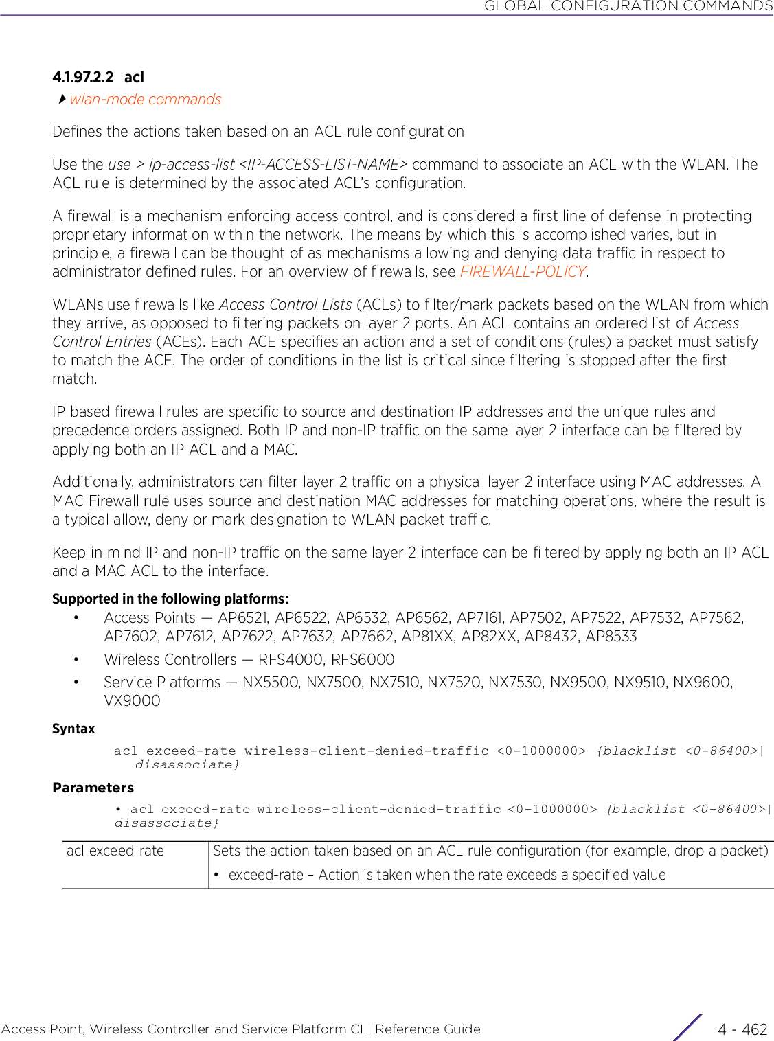 GLOBAL CONFIGURATION COMMANDSAccess Point, Wireless Controller and Service Platform CLI Reference Guide  4 - 4624.1.97.2.2 aclwlan-mode commandsDefines the actions taken based on an ACL rule configurationUse the use &gt; ip-access-list &lt;IP-ACCESS-LIST-NAME&gt; command to associate an ACL with the WLAN. The ACL rule is determined by the associated ACL’s configuration.A firewall is a mechanism enforcing access control, and is considered a first line of defense in protecting proprietary information within the network. The means by which this is accomplished varies, but in principle, a firewall can be thought of as mechanisms allowing and denying data traffic in respect to administrator defined rules. For an overview of firewalls, see FIREWALL-POLICY.WLANs use firewalls like Access Control Lists (ACLs) to filter/mark packets based on the WLAN from which they arrive, as opposed to filtering packets on layer 2 ports. An ACL contains an ordered list of Access Control Entries (ACEs). Each ACE specifies an action and a set of conditions (rules) a packet must satisfy to match the ACE. The order of conditions in the list is critical since filtering is stopped after the first match.IP based firewall rules are specific to source and destination IP addresses and the unique rules and precedence orders assigned. Both IP and non-IP traffic on the same layer 2 interface can be filtered by applying both an IP ACL and a MAC.Additionally, administrators can filter layer 2 traffic on a physical layer 2 interface using MAC addresses. A MAC Firewall rule uses source and destination MAC addresses for matching operations, where the result is a typical allow, deny or mark designation to WLAN packet traffic.Keep in mind IP and non-IP traffic on the same layer 2 interface can be filtered by applying both an IP ACL and a MAC ACL to the interface.Supported in the following platforms:• Access Points — AP6521, AP6522, AP6532, AP6562, AP7161, AP7502, AP7522, AP7532, AP7562, AP7602, AP7612, AP7622, AP7632, AP7662, AP81XX, AP82XX, AP8432, AP8533• Wireless Controllers — RFS4000, RFS6000• Service Platforms — NX5500, NX7500, NX7510, NX7520, NX7530, NX9500, NX9510, NX9600, VX9000Syntaxacl exceed-rate wireless-client-denied-traffic &lt;0-1000000&gt; {blacklist &lt;0-86400&gt;|disassociate}Parameters•  acl exceed-rate wireless-client-denied-traffic &lt;0-1000000&gt; {blacklist &lt;0-86400&gt;|disassociate}acl exceed-rate Sets the action taken based on an ACL rule configuration (for example, drop a packet)• exceed-rate – Action is taken when the rate exceeds a specified value