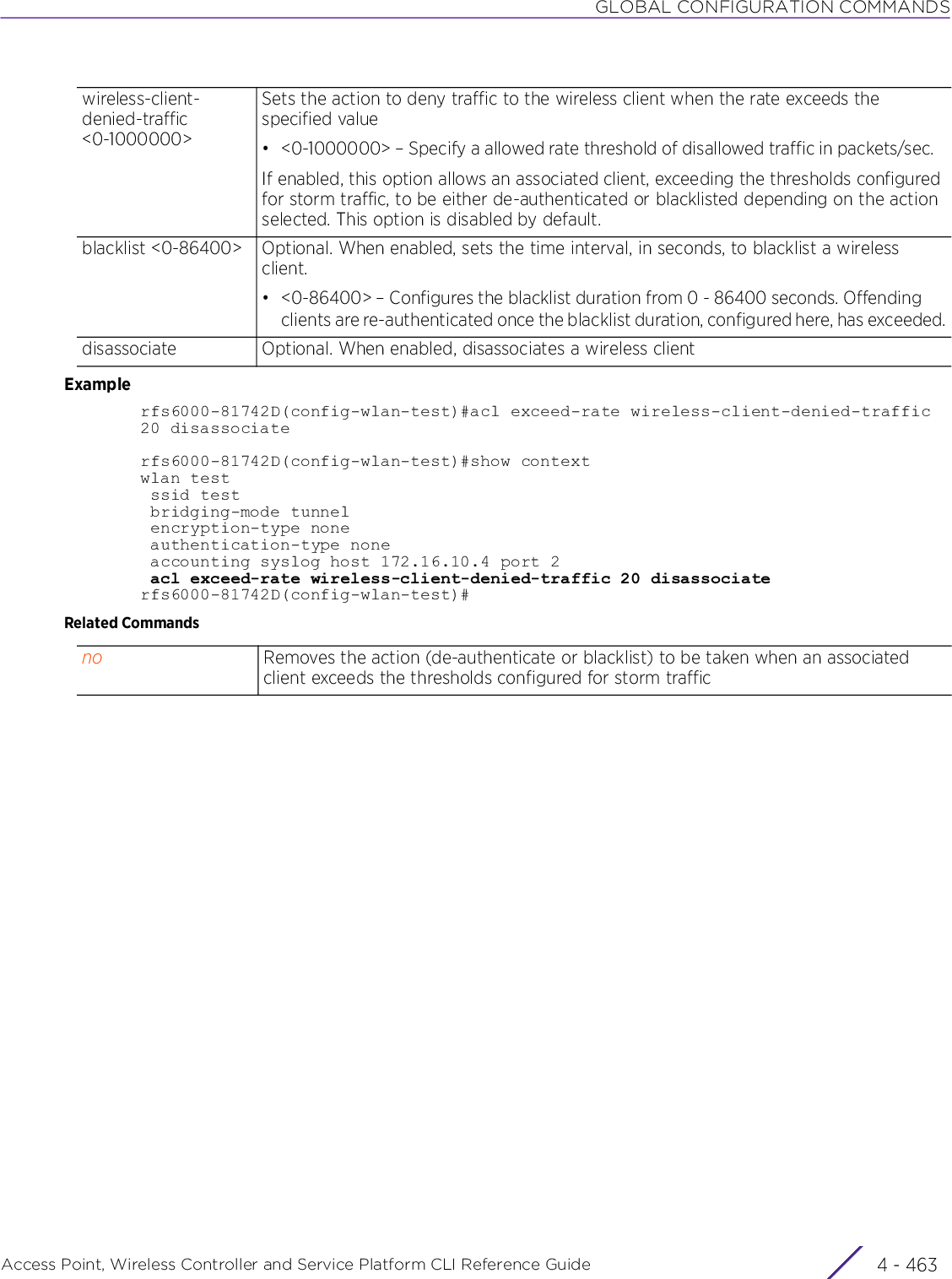 GLOBAL CONFIGURATION COMMANDSAccess Point, Wireless Controller and Service Platform CLI Reference Guide 4 - 463Examplerfs6000-81742D(config-wlan-test)#acl exceed-rate wireless-client-denied-traffic20 disassociaterfs6000-81742D(config-wlan-test)#show contextwlan test ssid test bridging-mode tunnel encryption-type none authentication-type none accounting syslog host 172.16.10.4 port 2 acl exceed-rate wireless-client-denied-traffic 20 disassociaterfs6000-81742D(config-wlan-test)#Related Commandswireless-client-denied-traffic &lt;0-1000000&gt;Sets the action to deny traffic to the wireless client when the rate exceeds the specified value• &lt;0-1000000&gt; – Specify a allowed rate threshold of disallowed traffic in packets/sec.If enabled, this option allows an associated client, exceeding the thresholds configured for storm traffic, to be either de-authenticated or blacklisted depending on the action selected. This option is disabled by default.blacklist &lt;0-86400&gt; Optional. When enabled, sets the time interval, in seconds, to blacklist a wireless client.• &lt;0-86400&gt; – Configures the blacklist duration from 0 - 86400 seconds. Offending clients are re-authenticated once the blacklist duration, configured here, has exceeded.disassociate Optional. When enabled, disassociates a wireless clientno Removes the action (de-authenticate or blacklist) to be taken when an associated client exceeds the thresholds configured for storm traffic