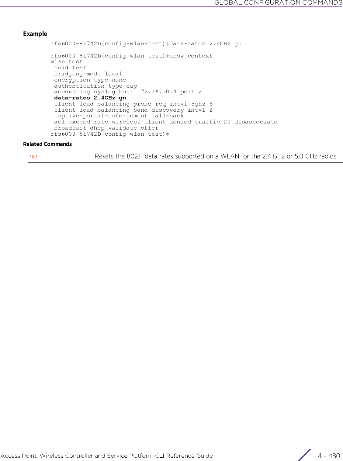 GLOBAL CONFIGURATION COMMANDSAccess Point, Wireless Controller and Service Platform CLI Reference Guide  4 - 480Examplerfs6000-81742D(config-wlan-test)#data-rates 2.4GHz gnrfs6000-81742D(config-wlan-test)#show contextwlan test ssid test bridging-mode local encryption-type none authentication-type eap accounting syslog host 172.16.10.4 port 2 data-rates 2.4GHz gn client-load-balancing probe-req-intvl 5ghz 5 client-load-balancing band-discovery-intvl 2 captive-portal-enforcement fall-back acl exceed-rate wireless-client-denied-traffic 20 disassociate broadcast-dhcp validate-offerrfs6000-81742D(config-wlan-test)#Related Commandsno Resets the 802.11 data rates supported on a WLAN for the 2.4 GHz or 5.0 GHz radios