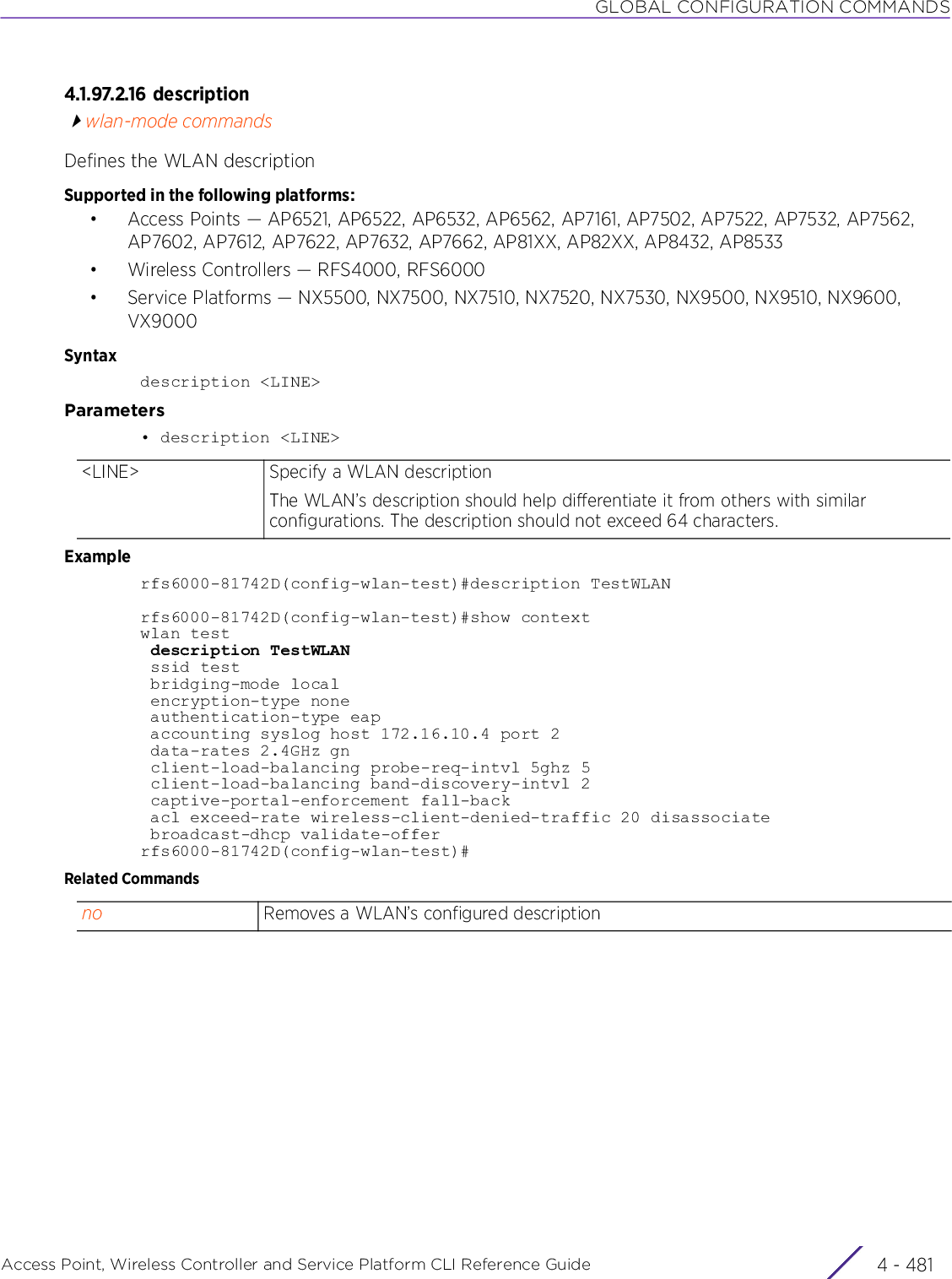 GLOBAL CONFIGURATION COMMANDSAccess Point, Wireless Controller and Service Platform CLI Reference Guide 4 - 4814.1.97.2.16 descriptionwlan-mode commandsDefines the WLAN descriptionSupported in the following platforms:• Access Points — AP6521, AP6522, AP6532, AP6562, AP7161, AP7502, AP7522, AP7532, AP7562, AP7602, AP7612, AP7622, AP7632, AP7662, AP81XX, AP82XX, AP8432, AP8533• Wireless Controllers — RFS4000, RFS6000• Service Platforms — NX5500, NX7500, NX7510, NX7520, NX7530, NX9500, NX9510, NX9600, VX9000Syntaxdescription &lt;LINE&gt;Parameters• description &lt;LINE&gt;Examplerfs6000-81742D(config-wlan-test)#description TestWLANrfs6000-81742D(config-wlan-test)#show contextwlan test description TestWLAN ssid test bridging-mode local encryption-type none authentication-type eap accounting syslog host 172.16.10.4 port 2 data-rates 2.4GHz gn client-load-balancing probe-req-intvl 5ghz 5 client-load-balancing band-discovery-intvl 2 captive-portal-enforcement fall-back acl exceed-rate wireless-client-denied-traffic 20 disassociate broadcast-dhcp validate-offerrfs6000-81742D(config-wlan-test)#Related Commands&lt;LINE&gt; Specify a WLAN descriptionThe WLAN’s description should help differentiate it from others with similar configurations. The description should not exceed 64 characters.no Removes a WLAN’s configured description