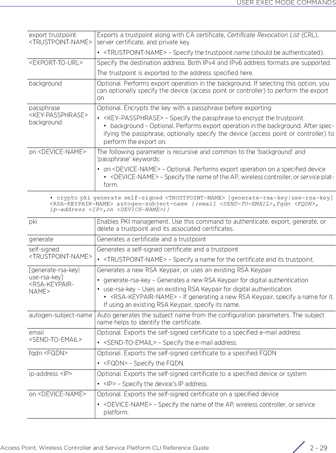 USER EXEC MODE COMMANDSAccess Point, Wireless Controller and Service Platform CLI Reference Guide 2 - 29•  crypto pki generate self-signed &lt;TRUSTPOINT-NAME&gt; [generate-rsa-key|use-rsa-key] &lt;RSA-KEYPAIR-NAME&gt; autogen-subject-name {(email &lt;SEND-TO-EMAIL&gt;,fqdn &lt;FQDN&gt;,ip-address &lt;IP&gt;,on &lt;DEVICE-NAME&gt;)}export trustpoint &lt;TRUSTPOINT-NAME&gt;Exports a trustpoint along with CA certificate, Certificate Revocation List (CRL), server certificate, and private key• &lt;TRUSTPOINT-NAME&gt; – Specify the trustpoint name (should be authenticated).&lt;EXPORT-TO-URL&gt; Specify the destination address. Both IPv4 and IPv6 address formats are supported.The trustpoint is exported to the address specified here.background Optional. Performs export operation in the background. If selecting this option, you can optionally specify the device (access point or controller) to perform the export onpassphrase &lt;KEY-PASSPHRASE&gt; backgroundOptional. Encrypts the key with a passphrase before exporting• &lt;KEY-PASSPHRASE&gt; – Specify the passphrase to encrypt the trustpoint.• background – Optional. Performs export operation in the background. After spec-ifying the passphrase, optionally specify the device (access point or controller) toperform the export on.on &lt;DEVICE-NAME&gt; The following parameter is recursive and common to the ‘background’ and ‘passphrase’ keywords:• on &lt;DEVICE-NAME&gt; – Optional. Performs export operation on a specified device• &lt;DEVICE-NAME&gt; – Specify the name of the AP, wireless controller, or service plat-form.pki Enables PKI management. Use this command to authenticate, export, generate, or delete a trustpoint and its associated certificates.generate Generates a certificate and a trustpointself-signed &lt;TRUSTPOINT-NAME&gt;Generates a self-signed certificate and a trustpoint• &lt;TRUSTPOINT-NAME&gt; – Specify a name for the certificate and its trustpoint.[generate-rsa-key|use-rsa-key] &lt;RSA-KEYPAIR-NAME&gt;Generates a new RSA Keypair, or uses an existing RSA Keypair• generate-rsa-key – Generates a new RSA Keypair for digital authentication• use-rsa-key – Uses an existing RSA Keypair for digital authentication• &lt;RSA-KEYPAIR-NAME&gt; – If generating a new RSA Keypair, specify a name for it.If using an existing RSA Keypair, specify its name.autogen-subject-name Auto generates the subject name from the configuration parameters. The subject name helps to identify the certificate.email &lt;SEND-TO-EMAIL&gt;Optional. Exports the self-signed certificate to a specified e-mail address• &lt;SEND-TO-EMAIL&gt; – Specify the e-mail address.fqdn &lt;FQDN&gt; Optional. Exports the self-signed certificate to a specified FQDN• &lt;FQDN&gt; – Specify the FQDN.ip-address &lt;IP&gt; Optional. Exports the self-signed certificate to a specified device or system• &lt;IP&gt; – Specify the device’s IP address.on &lt;DEVICE-NAME&gt; Optional. Exports the self-signed certificate on a specified device• &lt;DEVICE-NAME&gt; – Specify the name of the AP, wireless controller, or service platform.