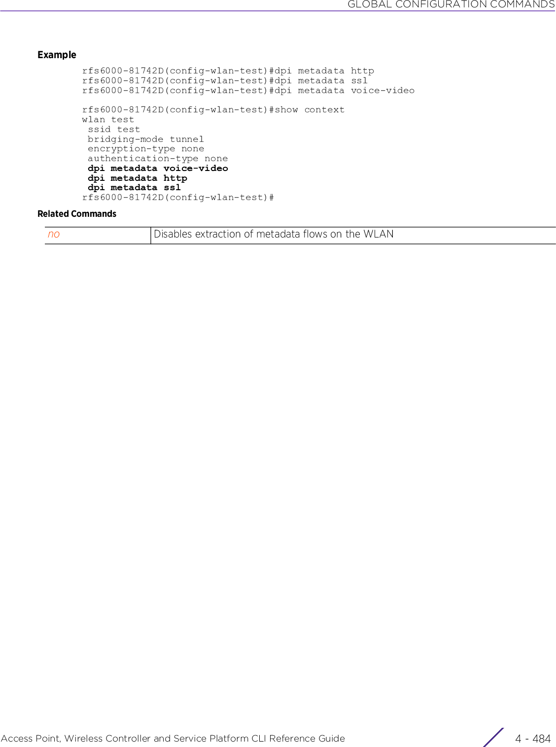 GLOBAL CONFIGURATION COMMANDSAccess Point, Wireless Controller and Service Platform CLI Reference Guide  4 - 484Examplerfs6000-81742D(config-wlan-test)#dpi metadata httprfs6000-81742D(config-wlan-test)#dpi metadata sslrfs6000-81742D(config-wlan-test)#dpi metadata voice-videorfs6000-81742D(config-wlan-test)#show contextwlan test ssid test bridging-mode tunnel encryption-type none authentication-type none dpi metadata voice-video dpi metadata http dpi metadata sslrfs6000-81742D(config-wlan-test)#Related Commandsno Disables extraction of metadata flows on the WLAN