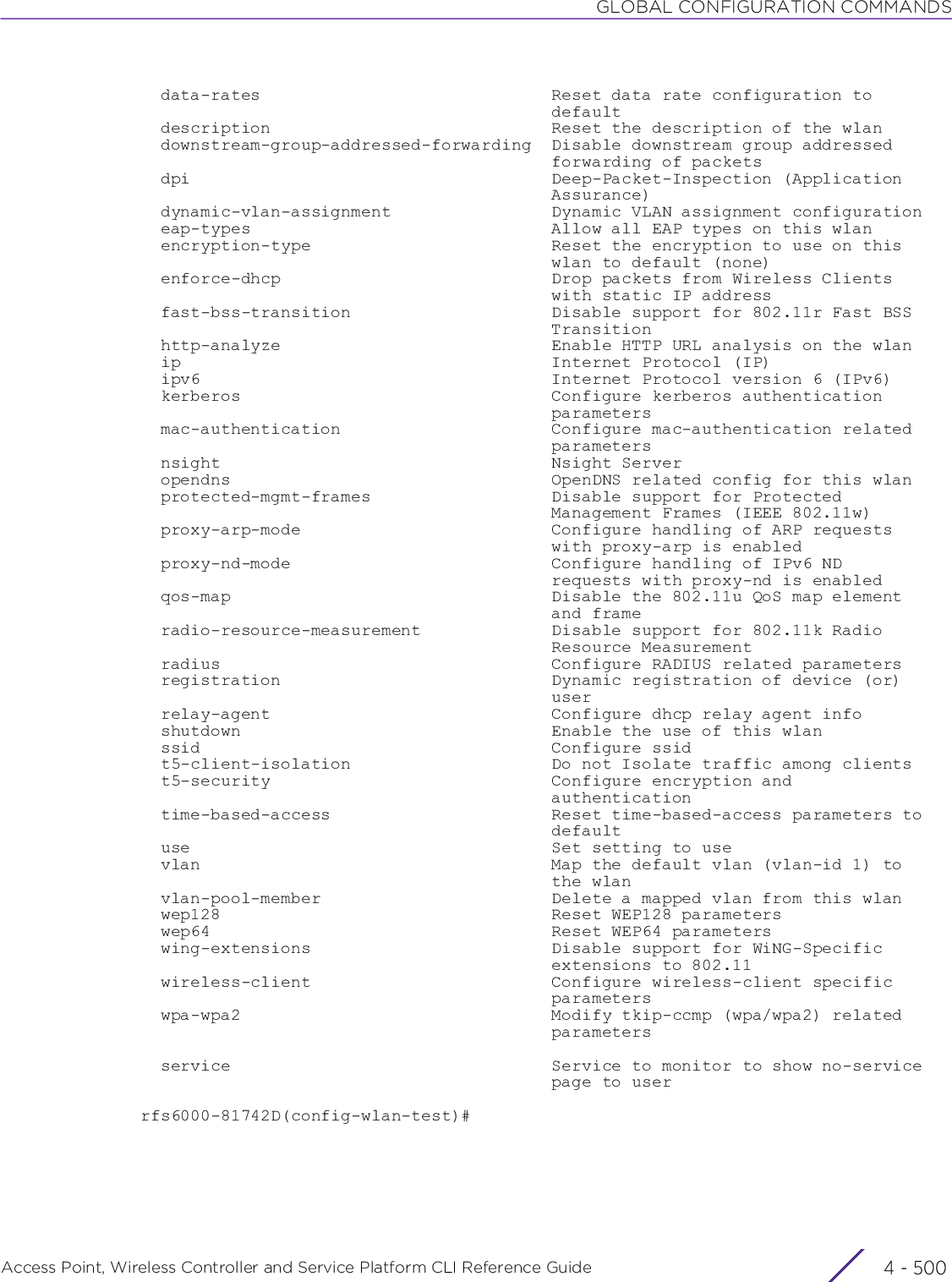 GLOBAL CONFIGURATION COMMANDSAccess Point, Wireless Controller and Service Platform CLI Reference Guide  4 - 500  data-rates                             Reset data rate configuration to                                         default  description                            Reset the description of the wlan  downstream-group-addressed-forwarding  Disable downstream group addressed                                         forwarding of packets  dpi                                    Deep-Packet-Inspection (Application                                         Assurance)  dynamic-vlan-assignment                Dynamic VLAN assignment configuration  eap-types                              Allow all EAP types on this wlan  encryption-type                        Reset the encryption to use on this                                         wlan to default (none)  enforce-dhcp                           Drop packets from Wireless Clients                                         with static IP address  fast-bss-transition                    Disable support for 802.11r Fast BSS                                         Transition  http-analyze                           Enable HTTP URL analysis on the wlan  ip                                     Internet Protocol (IP)  ipv6                                   Internet Protocol version 6 (IPv6)  kerberos                               Configure kerberos authentication                                         parameters  mac-authentication                     Configure mac-authentication related                                         parameters  nsight                                 Nsight Server  opendns                                OpenDNS related config for this wlan  protected-mgmt-frames                  Disable support for Protected                                         Management Frames (IEEE 802.11w)  proxy-arp-mode                         Configure handling of ARP requests                                         with proxy-arp is enabled  proxy-nd-mode                          Configure handling of IPv6 ND                                         requests with proxy-nd is enabled  qos-map                                Disable the 802.11u QoS map element                                         and frame  radio-resource-measurement             Disable support for 802.11k Radio                                         Resource Measurement  radius                                 Configure RADIUS related parameters  registration                           Dynamic registration of device (or)                                         user  relay-agent                            Configure dhcp relay agent info  shutdown                               Enable the use of this wlan  ssid                                   Configure ssid  t5-client-isolation                    Do not Isolate traffic among clients  t5-security                            Configure encryption and                                         authentication  time-based-access                      Reset time-based-access parameters to                                         default  use                                    Set setting to use  vlan                                   Map the default vlan (vlan-id 1) to                                         the wlan  vlan-pool-member                       Delete a mapped vlan from this wlan  wep128                                 Reset WEP128 parameters  wep64                                  Reset WEP64 parameters  wing-extensions                        Disable support for WiNG-Specific                                         extensions to 802.11  wireless-client                        Configure wireless-client specific                                         parameters  wpa-wpa2                               Modify tkip-ccmp (wpa/wpa2) related                                         parameters  service                                Service to monitor to show no-service                                         page to userrfs6000-81742D(config-wlan-test)#