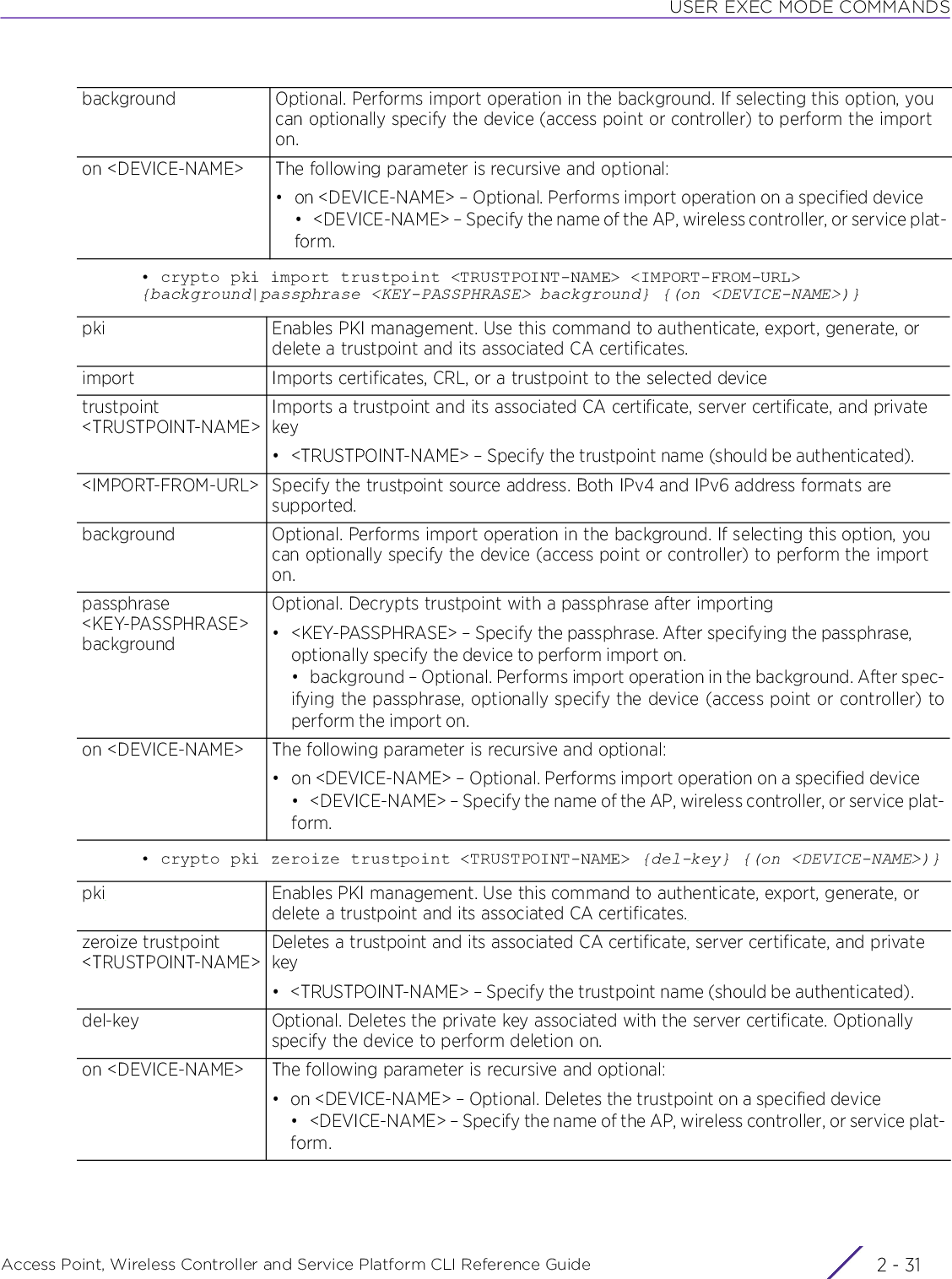 USER EXEC MODE COMMANDSAccess Point, Wireless Controller and Service Platform CLI Reference Guide 2 - 31• crypto pki import trustpoint &lt;TRUSTPOINT-NAME&gt; &lt;IMPORT-FROM-URL&gt; {background|passphrase &lt;KEY-PASSPHRASE&gt; background} {(on &lt;DEVICE-NAME&gt;)}• crypto pki zeroize trustpoint &lt;TRUSTPOINT-NAME&gt; {del-key} {(on &lt;DEVICE-NAME&gt;)}background Optional. Performs import operation in the background. If selecting this option, you can optionally specify the device (access point or controller) to perform the import on.on &lt;DEVICE-NAME&gt; The following parameter is recursive and optional:• on &lt;DEVICE-NAME&gt; – Optional. Performs import operation on a specified device• &lt;DEVICE-NAME&gt; – Specify the name of the AP, wireless controller, or service plat-form.pki Enables PKI management. Use this command to authenticate, export, generate, or delete a trustpoint and its associated CA certificates.import Imports certificates, CRL, or a trustpoint to the selected devicetrustpoint &lt;TRUSTPOINT-NAME&gt;Imports a trustpoint and its associated CA certificate, server certificate, and private key• &lt;TRUSTPOINT-NAME&gt; – Specify the trustpoint name (should be authenticated).&lt;IMPORT-FROM-URL&gt; Specify the trustpoint source address. Both IPv4 and IPv6 address formats are supported.background Optional. Performs import operation in the background. If selecting this option, you can optionally specify the device (access point or controller) to perform the import on.passphrase &lt;KEY-PASSPHRASE&gt; backgroundOptional. Decrypts trustpoint with a passphrase after importing• &lt;KEY-PASSPHRASE&gt; – Specify the passphrase. After specifying the passphrase, optionally specify the device to perform import on.• background – Optional. Performs import operation in the background. After spec-ifying the passphrase, optionally specify the device (access point or controller) toperform the import on.on &lt;DEVICE-NAME&gt; The following parameter is recursive and optional:• on &lt;DEVICE-NAME&gt; – Optional. Performs import operation on a specified device• &lt;DEVICE-NAME&gt; – Specify the name of the AP, wireless controller, or service plat-form.pki Enables PKI management. Use this command to authenticate, export, generate, or delete a trustpoint and its associated CA certificates.zeroize trustpoint&lt;TRUSTPOINT-NAME&gt;Deletes a trustpoint and its associated CA certificate, server certificate, and private key• &lt;TRUSTPOINT-NAME&gt; – Specify the trustpoint name (should be authenticated).del-key Optional. Deletes the private key associated with the server certificate. Optionally specify the device to perform deletion on.on &lt;DEVICE-NAME&gt; The following parameter is recursive and optional:•on &lt;DEVICE-NAME&gt; – Optional. Deletes the trustpoint on a specified device• &lt;DEVICE-NAME&gt; – Specify the name of the AP, wireless controller, or service plat-form.