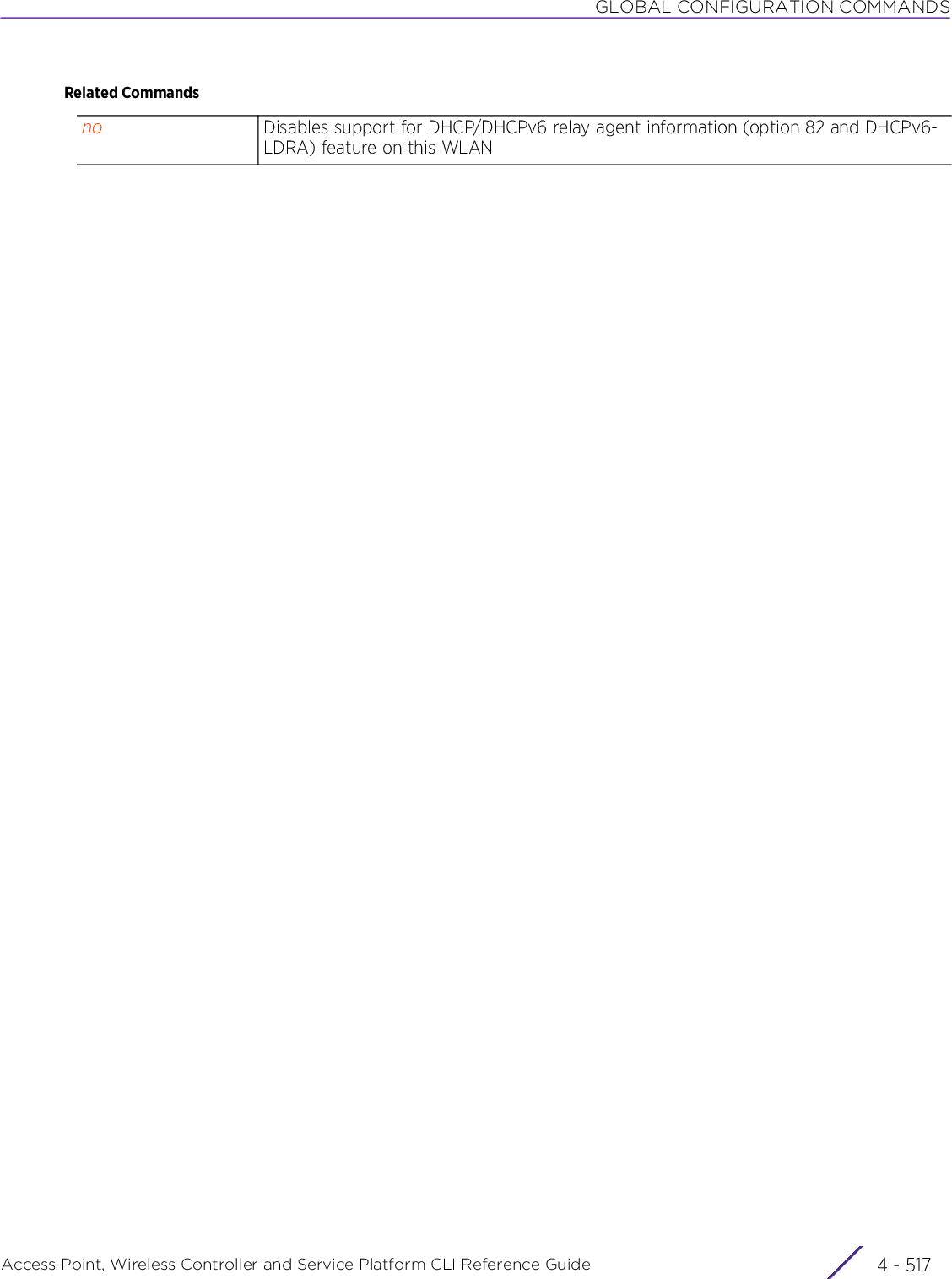 GLOBAL CONFIGURATION COMMANDSAccess Point, Wireless Controller and Service Platform CLI Reference Guide 4 - 517Related Commandsno Disables support for DHCP/DHCPv6 relay agent information (option 82 and DHCPv6-LDRA) feature on this WLAN