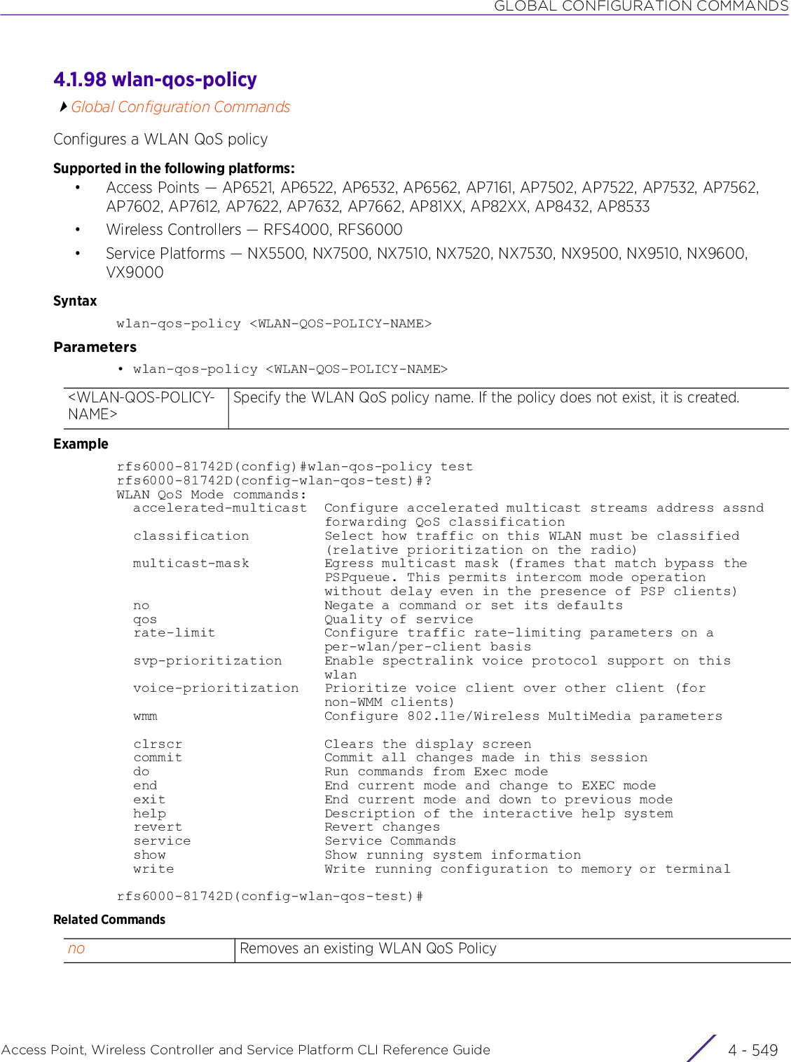 GLOBAL CONFIGURATION COMMANDSAccess Point, Wireless Controller and Service Platform CLI Reference Guide 4 - 5494.1.98 wlan-qos-policyGlobal Configuration CommandsConfigures a WLAN QoS policySupported in the following platforms:• Access Points — AP6521, AP6522, AP6532, AP6562, AP7161, AP7502, AP7522, AP7532, AP7562, AP7602, AP7612, AP7622, AP7632, AP7662, AP81XX, AP82XX, AP8432, AP8533• Wireless Controllers — RFS4000, RFS6000• Service Platforms — NX5500, NX7500, NX7510, NX7520, NX7530, NX9500, NX9510, NX9600, VX9000Syntaxwlan-qos-policy &lt;WLAN-QOS-POLICY-NAME&gt;Parameters• wlan-qos-policy &lt;WLAN-QOS-POLICY-NAME&gt;Examplerfs6000-81742D(config)#wlan-qos-policy testrfs6000-81742D(config-wlan-qos-test)#?WLAN QoS Mode commands:  accelerated-multicast  Configure accelerated multicast streams address assnd                         forwarding QoS classification  classification         Select how traffic on this WLAN must be classified                         (relative prioritization on the radio)  multicast-mask         Egress multicast mask (frames that match bypass the                         PSPqueue. This permits intercom mode operation                         without delay even in the presence of PSP clients)  no                     Negate a command or set its defaults  qos                    Quality of service  rate-limit             Configure traffic rate-limiting parameters on a                         per-wlan/per-client basis  svp-prioritization     Enable spectralink voice protocol support on this                         wlan  voice-prioritization   Prioritize voice client over other client (for                         non-WMM clients)  wmm                    Configure 802.11e/Wireless MultiMedia parameters  clrscr                 Clears the display screen  commit                 Commit all changes made in this session  do                     Run commands from Exec mode  end                    End current mode and change to EXEC mode  exit                   End current mode and down to previous mode  help                   Description of the interactive help system  revert                 Revert changes  service                Service Commands  show                   Show running system information  write                  Write running configuration to memory or terminalrfs6000-81742D(config-wlan-qos-test)#Related Commands&lt;WLAN-QOS-POLICY-NAME&gt;Specify the WLAN QoS policy name. If the policy does not exist, it is created.no Removes an existing WLAN QoS Policy