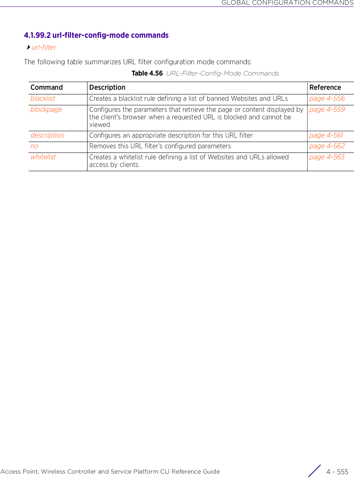 GLOBAL CONFIGURATION COMMANDSAccess Point, Wireless Controller and Service Platform CLI Reference Guide 4 - 5554.1.99.2 url-filter-config-mode commandsurl-filterThe following table summarizes URL filter configuration mode commands:Table 4.56 URL-Filter-Config-Mode CommandsCommand Description Referenceblacklist Creates a blacklist rule defining a list of banned Websites and URLs page 4-556blockpage Configures the parameters that retrieve the page or content displayed by the client’s browser when a requested URL is blocked and cannot be viewedpage 4-559description Configures an appropriate description for this URL filter page 4-561no Removes this URL filter’s configured parameters page 4-562whitelist Creates a whitelist rule defining a list of Websites and URLs allowed access by clients.page 4-563