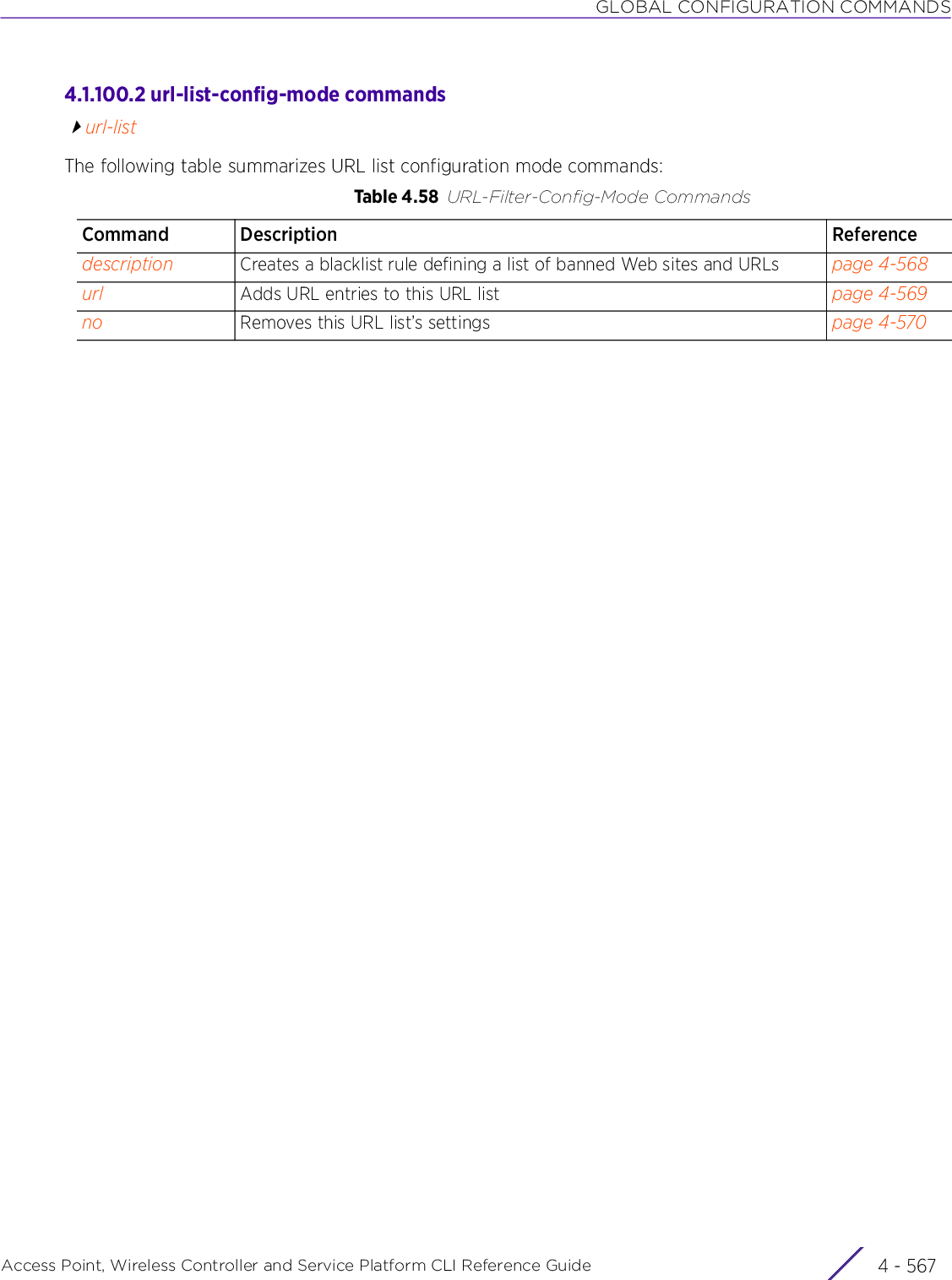 GLOBAL CONFIGURATION COMMANDSAccess Point, Wireless Controller and Service Platform CLI Reference Guide 4 - 5674.1.100.2 url-list-config-mode commandsurl-listThe following table summarizes URL list configuration mode commands:Table 4.58 URL-Filter-Config-Mode CommandsCommand Description Referencedescription Creates a blacklist rule defining a list of banned Web sites and URLs page 4-568url Adds URL entries to this URL list page 4-569no Removes this URL list’s settings page 4-570