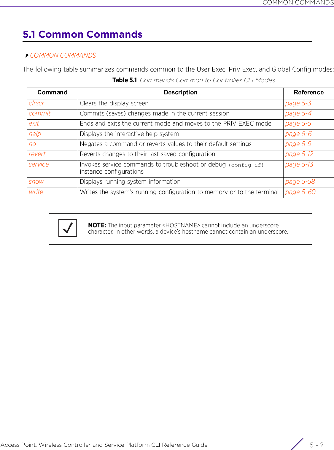 COMMON COMMANDSAccess Point, Wireless Controller and Service Platform CLI Reference Guide  5 - 25.1 Common CommandsCOMMON COMMANDSThe following table summarizes commands common to the User Exec, Priv Exec, and Global Config modes:Table 5.1 Commands Common to Controller CLI ModesCommand Description Referenceclrscr Clears the display screen page 5-3commit Commits (saves) changes made in the current session page 5-4exit Ends and exits the current mode and moves to the PRIV EXEC mode page 5-5help Displays the interactive help system page 5-6no Negates a command or reverts values to their default settings page 5-9revert Reverts changes to their last saved configuration page 5-12service Invokes service commands to troubleshoot or debug (config-if) instance configurationspage 5-13show Displays running system information page 5-58write Writes the system’s running configuration to memory or to the terminal page 5-60NOTE: The input parameter &lt;HOSTNAME&gt; cannot include an underscore character. In other words, a device’s hostname cannot contain an underscore.