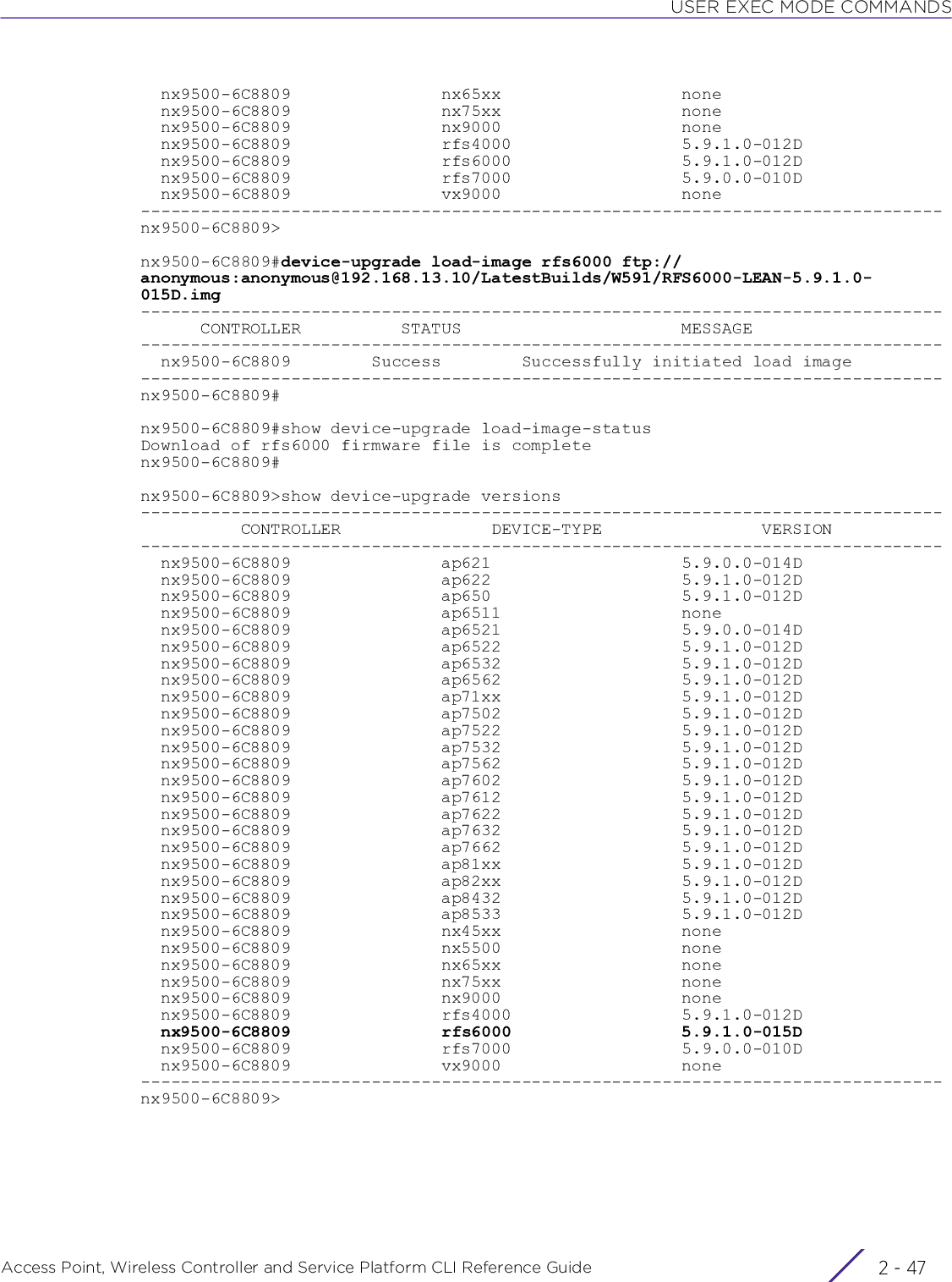 USER EXEC MODE COMMANDSAccess Point, Wireless Controller and Service Platform CLI Reference Guide 2 - 47  nx9500-6C8809               nx65xx                  none  nx9500-6C8809               nx75xx                  none  nx9500-6C8809               nx9000                  none  nx9500-6C8809               rfs4000                 5.9.1.0-012D  nx9500-6C8809               rfs6000                 5.9.1.0-012D  nx9500-6C8809               rfs7000                 5.9.0.0-010D  nx9500-6C8809               vx9000                  none--------------------------------------------------------------------------------nx9500-6C8809&gt;nx9500-6C8809#device-upgrade load-image rfs6000 ftp://anonymous:anonymous@192.168.13.10/LatestBuilds/W591/RFS6000-LEAN-5.9.1.0-015D.img--------------------------------------------------------------------------------      CONTROLLER          STATUS                      MESSAGE--------------------------------------------------------------------------------  nx9500-6C8809        Success        Successfully initiated load image--------------------------------------------------------------------------------nx9500-6C8809#nx9500-6C8809#show device-upgrade load-image-statusDownload of rfs6000 firmware file is completenx9500-6C8809#nx9500-6C8809&gt;show device-upgrade versions--------------------------------------------------------------------------------          CONTROLLER               DEVICE-TYPE                VERSION--------------------------------------------------------------------------------  nx9500-6C8809               ap621                   5.9.0.0-014D  nx9500-6C8809               ap622                   5.9.1.0-012D  nx9500-6C8809               ap650                   5.9.1.0-012D  nx9500-6C8809               ap6511                  none  nx9500-6C8809               ap6521                  5.9.0.0-014D  nx9500-6C8809               ap6522                  5.9.1.0-012D  nx9500-6C8809               ap6532                  5.9.1.0-012D  nx9500-6C8809               ap6562                  5.9.1.0-012D  nx9500-6C8809               ap71xx                  5.9.1.0-012D  nx9500-6C8809               ap7502                  5.9.1.0-012D  nx9500-6C8809               ap7522                  5.9.1.0-012D  nx9500-6C8809               ap7532                  5.9.1.0-012D  nx9500-6C8809               ap7562                  5.9.1.0-012D  nx9500-6C8809               ap7602                  5.9.1.0-012D  nx9500-6C8809               ap7612                  5.9.1.0-012D  nx9500-6C8809               ap7622                  5.9.1.0-012D  nx9500-6C8809               ap7632                  5.9.1.0-012D  nx9500-6C8809               ap7662                  5.9.1.0-012D  nx9500-6C8809               ap81xx                  5.9.1.0-012D  nx9500-6C8809               ap82xx                  5.9.1.0-012D  nx9500-6C8809               ap8432                  5.9.1.0-012D  nx9500-6C8809               ap8533                  5.9.1.0-012D  nx9500-6C8809               nx45xx                  none  nx9500-6C8809               nx5500                  none  nx9500-6C8809               nx65xx                  none  nx9500-6C8809               nx75xx                  none  nx9500-6C8809               nx9000                  none  nx9500-6C8809               rfs4000                 5.9.1.0-012D  nx9500-6C8809               rfs6000                 5.9.1.0-015D  nx9500-6C8809               rfs7000                 5.9.0.0-010D  nx9500-6C8809               vx9000                  none--------------------------------------------------------------------------------nx9500-6C8809&gt;