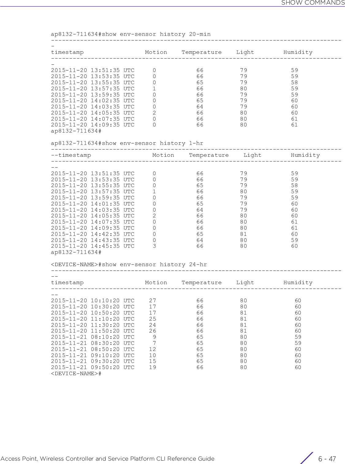 SHOW COMMANDSAccess Point, Wireless Controller and Service Platform CLI Reference Guide 6 - 47ap8132-711634#show env-sensor history 20-min---------------------------------------------------------------------------------timestamp                 Motion    Temperature    Light        Humidity---------------------------------------------------------------------------------2015-11-20 13:51:35 UTC     0           66          79            592015-11-20 13:53:35 UTC     0           66          79            592015-11-20 13:55:35 UTC     0           65          79            582015-11-20 13:57:35 UTC     1           66          80            592015-11-20 13:59:35 UTC     0           66          79            592015-11-20 14:02:35 UTC     0           65          79            602015-11-20 14:03:35 UTC     0           64          79            602015-11-20 14:05:35 UTC     2           66          80            602015-11-20 14:07:35 UTC     0           66          80            612015-11-20 14:09:35 UTC     0           66          80            61ap8132-711634#ap8132-711634#show env-sensor history 1-hr----------------------------------------------------------------------------------timestamp                 Motion    Temperature    Light        Humidity----------------------------------------------------------------------------------2015-11-20 13:51:35 UTC     0           66          79            592015-11-20 13:53:35 UTC     0           66          79            592015-11-20 13:55:35 UTC     0           65          79            582015-11-20 13:57:35 UTC     1           66          80            592015-11-20 13:59:35 UTC     0           66          79            592015-11-20 14:01:35 UTC     0           65          79            602015-11-20 14:03:35 UTC     0           64          79            602015-11-20 14:05:35 UTC     2           66          80            602015-11-20 14:07:35 UTC     0           66          80            612015-11-20 14:09:35 UTC     0           66          80            612015-11-20 14:42:35 UTC     0           65          81            602015-11-20 14:43:35 UTC     0           64          80            592015-11-20 14:45:35 UTC     3           66          80            60ap8132-711634#&lt;DEVICE-NAME&gt;#show env-sensor history 24-hr----------------------------------------------------------------------------------timestamp                 Motion    Temperature    Light        Humidity----------------------------------------------------------------------------------2015-11-20 10:10:20 UTC    27           66          80             602015-11-20 10:30:20 UTC    17           66          80             602015-11-20 10:50:20 UTC    17           66          81             602015-11-20 11:10:20 UTC    25           66          81             602015-11-20 11:30:20 UTC    24           66          81             602015-11-20 11:50:20 UTC    26           66          81             602015-11-21 08:10:20 UTC     9           65          80             592015-11-21 08:30:20 UTC     7           65          80             592015-11-21 08:50:20 UTC    12           65          80             602015-11-21 09:10:20 UTC    10           65          80             602015-11-21 09:30:20 UTC    15           65          80             602015-11-21 09:50:20 UTC    19           66          80             60&lt;DEVICE-NAME&gt;#