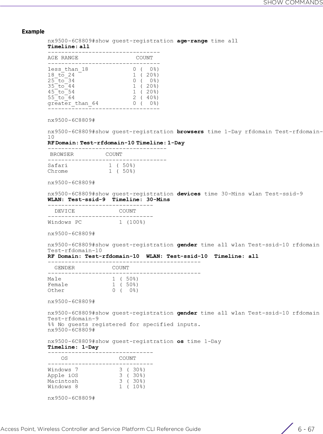 SHOW COMMANDSAccess Point, Wireless Controller and Service Platform CLI Reference Guide 6 - 67Examplenx9500-6C8809#show guest-registration age-range time allTimeline: all                                                                                                                                                                                                 ---------------------------------AGE RANGE                 COUNT---------------------------------less_than_18             0 (  0%)18_to_24                 1 ( 20%)25_to_34                 0 (  0%)35_to_44                 1 ( 20%)45_to_54                 1 ( 20%)55_to_64                 2 ( 40%)greater_than_64          0 (  0%)---------------------------------nx9500-6C8809#nx9500-6C8809#show guest-registration browsers time 1-Day rfdomain Test-rfdomain-10RF Domain: Test-rfdomain-10  Timeline: 1-Day                                                                                                                                                                  -----------------------------------                                                                                                                                                                             BROWSER                            COUNT                                                                                                                                                                                -----------------------------------                                                                                                                                                                           Safari            1 ( 50%)Chrome            1 ( 50%)nx9500-6C8809#nx9500-6C8809#show guest-registration devices time 30-Mins wlan Test-ssid-9WLAN: Test-ssid-9  Timeline: 30-Mins-------------------------------  DEVICE             COUNT-------------------------------Windows PC           1 (100%)  nx9500-6C8809#nx9500-6C8809#show guest-registration gender time all wlan Test-ssid-10 rfdomain Test-rfdomain-10RF Domain: Test-rfdomain-10  WLAN: Test-ssid-10  Timeline: all---------------------------------------------  GENDER           COUNT---------------------------------------------                                                                                                                                                                 Male               1 ( 50%)Female             1 ( 50%)Other              0 (  0%)nx9500-6C8809#nx9500-6C8809#show guest-registration gender time all wlan Test-ssid-10 rfdomain Test-rfdomain-9%% No guests registered for specified inputs.nx9500-6C8809#nx9500-6C8809#show guest-registration os time 1-Day Timeline: 1-Day-------------------------------    OS               COUNT-------------------------------Windows 7            3 ( 30%)Apple iOS            3 ( 30%)Macintosh            3 ( 30%)Windows 8            1 ( 10%)nx9500-6C8809#