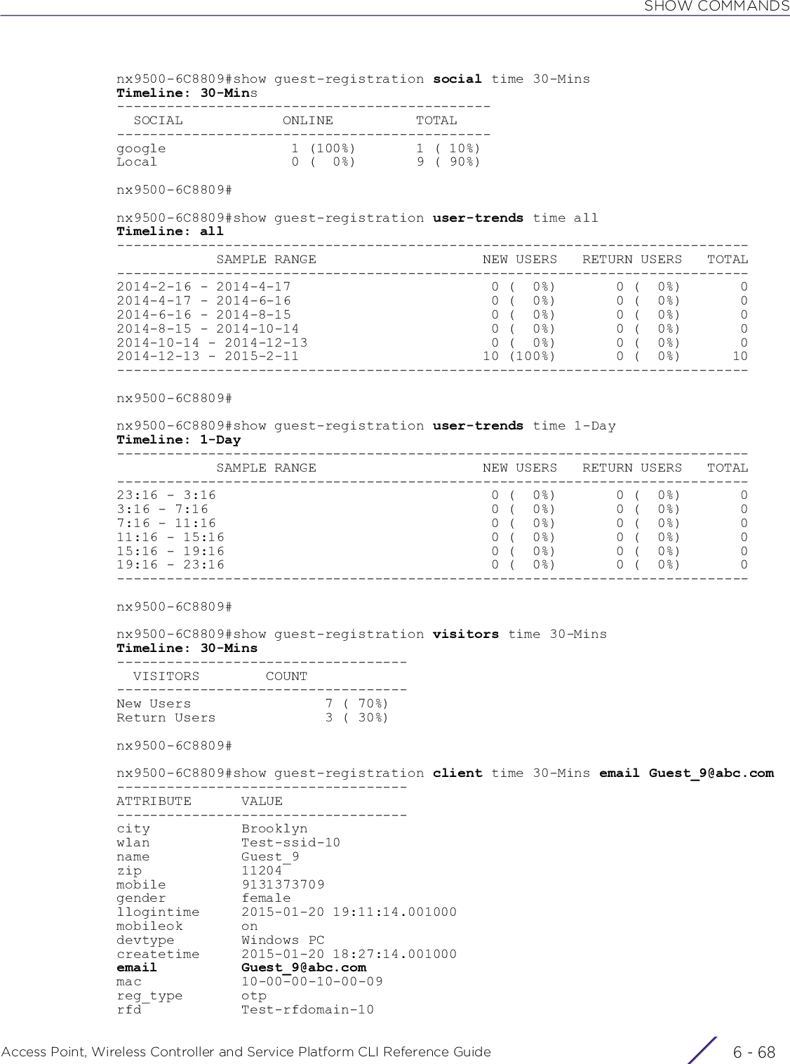 SHOW COMMANDSAccess Point, Wireless Controller and Service Platform CLI Reference Guide  6 - 68nx9500-6C8809#show guest-registration social time 30-MinsTimeline: 30-Mins---------------------------------------------  SOCIAL            ONLINE          TOTAL---------------------------------------------google               1 (100%)       1 ( 10%)Local                0 (  0%)       9 ( 90%)nx9500-6C8809#nx9500-6C8809#show guest-registration user-trends time allTimeline: all----------------------------------------------------------------------------            SAMPLE RANGE                    NEW USERS   RETURN USERS   TOTAL----------------------------------------------------------------------------2014-2-16 - 2014-4-17                        0 (  0%)       0 (  0%)       02014-4-17 - 2014-6-16                        0 (  0%)       0 (  0%)       02014-6-16 - 2014-8-15                        0 (  0%)       0 (  0%)       02014-8-15 - 2014-10-14                       0 (  0%)       0 (  0%)       02014-10-14 - 2014-12-13                      0 (  0%)       0 (  0%)       02014-12-13 - 2015-2-11                      10 (100%)       0 (  0%)      10----------------------------------------------------------------------------nx9500-6C8809#nx9500-6C8809#show guest-registration user-trends time 1-DayTimeline: 1-Day----------------------------------------------------------------------------            SAMPLE RANGE                    NEW USERS   RETURN USERS   TOTAL----------------------------------------------------------------------------23:16 - 3:16                                 0 (  0%)       0 (  0%)       03:16 - 7:16                                  0 (  0%)       0 (  0%)       07:16 - 11:16                                 0 (  0%)       0 (  0%)       011:16 - 15:16                                0 (  0%)       0 (  0%)       015:16 - 19:16                                0 (  0%)       0 (  0%)       019:16 - 23:16                                0 (  0%)       0 (  0%)       0----------------------------------------------------------------------------nx9500-6C8809#nx9500-6C8809#show guest-registration visitors time 30-MinsTimeline: 30-Mins-----------------------------------  VISITORS        COUNT-----------------------------------New Users                7 ( 70%)Return Users             3 ( 30%)nx9500-6C8809#nx9500-6C8809#show guest-registration client time 30-Mins email Guest_9@abc.com-----------------------------------ATTRIBUTE      VALUE-----------------------------------city           Brooklynwlan           Test-ssid-10name           Guest_9zip            11204mobile         9131373709gender         femalellogintime     2015-01-20 19:11:14.001000mobileok       ondevtype        Windows PCcreatetime     2015-01-20 18:27:14.001000email          Guest_9@abc.commac            10-00-00-10-00-09reg_type       otprfd            Test-rfdomain-10