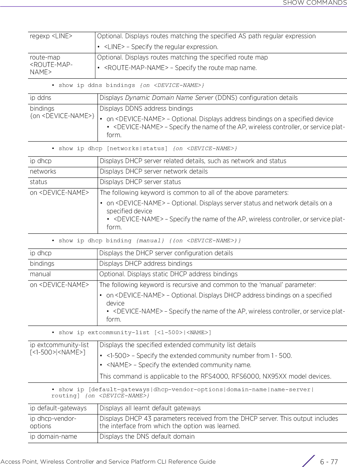 SHOW COMMANDSAccess Point, Wireless Controller and Service Platform CLI Reference Guide 6 - 77• show ip ddns bindings {on &lt;DEVICE-NAME&gt;}• show ip dhcp [networks|status] {on &lt;DEVICE-NAME&gt;}• show ip dhcp binding {manual} {(on &lt;DEVICE-NAME&gt;)}• show ip extcommunity-list [&lt;1-500&gt;|&lt;NAME&gt;]• show ip [default-gateways|dhcp-vendor-options|domain-name|name-server|routing] {on &lt;DEVICE-NAME&gt;}regexp &lt;LINE&gt; Optional. Displays routes matching the specified AS path regular expression• &lt;LINE&gt; – Specify the regular expression.route-map &lt;ROUTE-MAP-NAME&gt;Optional. Displays routes matching the specified route map• &lt;ROUTE-MAP-NAME&gt; – Specify the route map name.ip ddns Displays Dynamic Domain Name Server (DDNS) configuration detailsbindings {on &lt;DEVICE-NAME&gt;}Displays DDNS address bindings• on &lt;DEVICE-NAME&gt; – Optional. Displays address bindings on a specified device• &lt;DEVICE-NAME&gt; – Specify the name of the AP, wireless controller, or service plat-form.ip dhcp Displays DHCP server related details, such as network and statusnetworks Displays DHCP server network detailsstatus Displays DHCP server statuson &lt;DEVICE-NAME&gt; The following keyword is common to all of the above parameters:• on &lt;DEVICE-NAME&gt; – Optional. Displays server status and network details on a specified device• &lt;DEVICE-NAME&gt; – Specify the name of the AP, wireless controller, or service plat-form.ip dhcp Displays the DHCP server configuration detailsbindings Displays DHCP address bindingsmanual Optional. Displays static DHCP address bindingson &lt;DEVICE-NAME&gt; The following keyword is recursive and common to the ‘manual’ parameter:• on &lt;DEVICE-NAME&gt; – Optional. Displays DHCP address bindings on a specified device• &lt;DEVICE-NAME&gt; – Specify the name of the AP, wireless controller, or service plat-form.ip extcommunity-list [&lt;1-500&gt;|&lt;NAME&gt;]Displays the specified extended community list details• &lt;1-500&gt; – Specify the extended community number from 1 - 500.• &lt;NAME&gt; – Specify the extended community name.This command is applicable to the RFS4000, RFS6000, NX95XX model devices.ip default-gateways Displays all learnt default gatewaysip dhcp-vendor-optionsDisplays DHCP 43 parameters received from the DHCP server. This output includes the interface from which the option was learned.ip domain-name Displays the DNS default domain