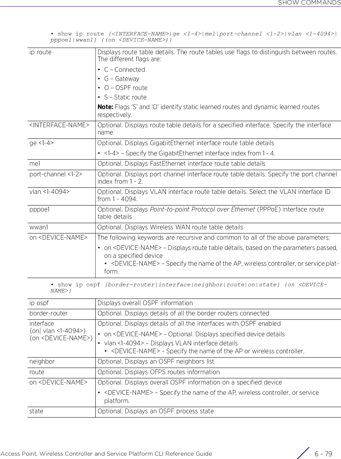 SHOW COMMANDSAccess Point, Wireless Controller and Service Platform CLI Reference Guide 6 - 79• show ip route {&lt;INTERFACE-NAME&gt;|ge &lt;1-4&gt;|me1|port-channel &lt;1-2&gt;|vlan &lt;1-4094&gt;|pppoe1|wwan1} {(on &lt;DEVICE-NAME&gt;)}• show ip ospf {border-router|interface|neighbor|route|on|state} {on &lt;DEVICE-NAME&gt;}ip route Displays route table details. The route tables use flags to distinguish between routes. The different flags are:•C – Connected•G – Gateway•O – OSPF route•S – Static routeNote: Flags ‘S’ and ‘O’ identify static learned routes and dynamic learned routes respectively.&lt;INTERFACE-NAME&gt; Optional. Displays route table details for a specified interface. Specify the interface namege &lt;1-4&gt; Optional. Displays GigabitEthernet interface route table details• &lt;1-4&gt; – Specify the GigabitEthernet interface index from 1 - 4.me1 Optional. Displays FastEthernet interface route table detailsport-channel &lt;1-2&gt; Optional. Displays port channel interface route table details. Specify the port channel index from 1 - 2.vlan &lt;1-4094&gt; Optional. Displays VLAN interface route table details. Select the VLAN interface ID from 1 - 4094.pppoe1 Optional. Displays Point-to-point Protocol over Ethernet (PPPoE) interface route table detailswwan1 Optional. Displays Wireless WAN route table detailson &lt;DEVICE-NAME&gt; The following keywords are recursive and common to all of the above parameters:• on &lt;DEVICE-NAME&gt; – Displays route table details, based on the parameters passed, on a specified device• &lt;DEVICE-NAME&gt; – Specify the name of the AP, wireless controller, or service plat-form.ip ospf Displays overall OSPF informationborder-router Optional. Displays details of all the border routers connectedinterface {on| vlan &lt;1-4094&gt;} {on &lt;DEVICE-NAME&gt;}Optional. Displays details of all the interfaces with OSPF enabled• on &lt;DEVICE-NAME&gt; – Optional. Displays specified device details• vlan &lt;1-4094&gt; – Displays VLAN interface details• &lt;DEVICE-NAME&gt; – Specify the name of the AP or wireless controller.neighbor Optional. Displays an OSPF neighbors listroute Optional. Displays OFPS routes informationon &lt;DEVICE-NAME&gt; Optional. Displays overall OSPF information on a specified device• &lt;DEVICE-NAME&gt; – Specify the name of the AP, wireless controller, or service platform.state Optional. Displays an OSPF process state