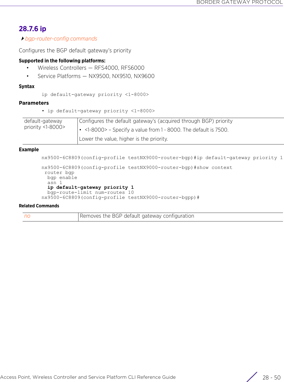 BORDER GATEWAY PROTOCOLAccess Point, Wireless Controller and Service Platform CLI Reference Guide  28 - 5028.7.6 ipbgp-router-config commandsConfigures the BGP default gateway’s prioritySupported in the following platforms:• Wireless Controllers — RFS4000, RFS6000• Service Platforms — NX9500, NX9510, NX9600Syntaxip default-gateway priority &lt;1-8000&gt;Parameters• ip default-gateway priority &lt;1-8000&gt;Examplenx9500-6C8809(config-profile testNX9000-router-bgp)#ip default-gateway priority 1nx9500-6C8809(config-profile testNX9000-router-bgp)#show context router bgp  bgp enable  asn 1  ip default-gateway priority 1  bgp-route-limit num-routes 10nx9500-6C8809(config-profile testNX9000-router-bgpp)#Related Commandsdefault-gateway priority &lt;1-8000&gt;Configures the default gateway’s (acquired through BGP) priority• &lt;1-8000&gt; – Specify a value from 1 - 8000. The default is 7500.Lower the value, higher is the priority.no Removes the BGP default gateway configuration