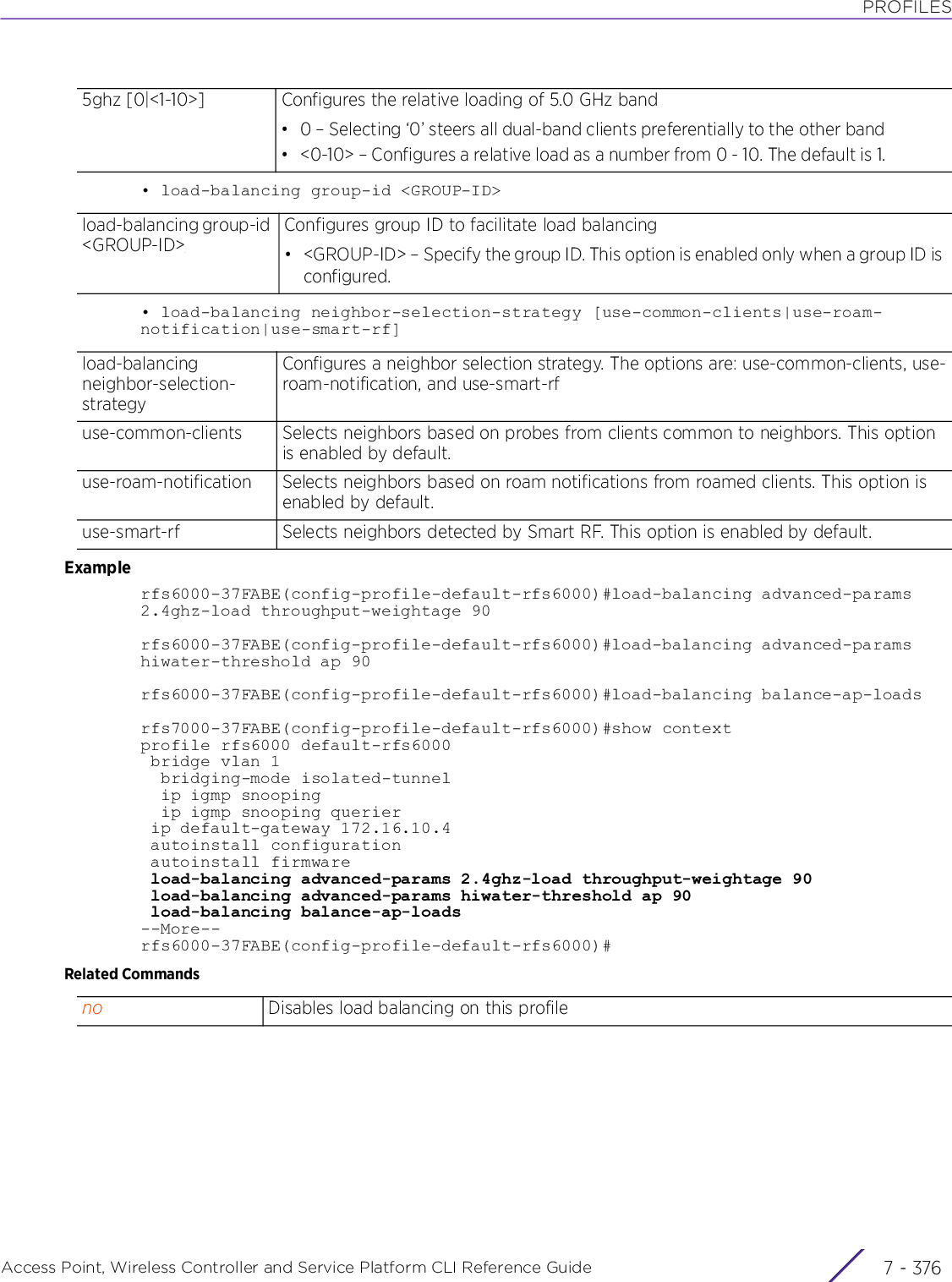 PROFILESAccess Point, Wireless Controller and Service Platform CLI Reference Guide  7 - 376• load-balancing group-id &lt;GROUP-ID&gt;• load-balancing neighbor-selection-strategy [use-common-clients|use-roam-notification|use-smart-rf]Examplerfs6000-37FABE(config-profile-default-rfs6000)#load-balancing advanced-params 2.4ghz-load throughput-weightage 90rfs6000-37FABE(config-profile-default-rfs6000)#load-balancing advanced-params hiwater-threshold ap 90rfs6000-37FABE(config-profile-default-rfs6000)#load-balancing balance-ap-loadsrfs7000-37FABE(config-profile-default-rfs6000)#show contextprofile rfs6000 default-rfs6000 bridge vlan 1  bridging-mode isolated-tunnel  ip igmp snooping  ip igmp snooping querier ip default-gateway 172.16.10.4 autoinstall configuration autoinstall firmware load-balancing advanced-params 2.4ghz-load throughput-weightage 90 load-balancing advanced-params hiwater-threshold ap 90 load-balancing balance-ap-loads--More--rfs6000-37FABE(config-profile-default-rfs6000)#Related Commands5ghz [0|&lt;1-10&gt;] Configures the relative loading of 5.0 GHz band• 0 – Selecting ‘0’ steers all dual-band clients preferentially to the other band• &lt;0-10&gt; – Configures a relative load as a number from 0 - 10. The default is 1.load-balancing group-id &lt;GROUP-ID&gt;Configures group ID to facilitate load balancing• &lt;GROUP-ID&gt; – Specify the group ID. This option is enabled only when a group ID is configured.load-balancing neighbor-selection-strategyConfigures a neighbor selection strategy. The options are: use-common-clients, use-roam-notification, and use-smart-rfuse-common-clients Selects neighbors based on probes from clients common to neighbors. This option is enabled by default.use-roam-notification Selects neighbors based on roam notifications from roamed clients. This option is enabled by default.use-smart-rf Selects neighbors detected by Smart RF. This option is enabled by default.no Disables load balancing on this profile