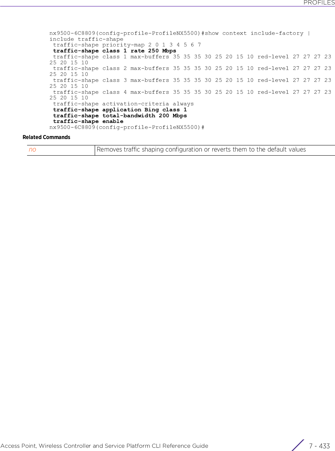 PROFILESAccess Point, Wireless Controller and Service Platform CLI Reference Guide 7 - 433nx9500-6C8809(config-profile-ProfileNX5500)#show context include-factory | include traffic-shape traffic-shape priority-map 2 0 1 3 4 5 6 7 traffic-shape class 1 rate 250 Mbps traffic-shape class 1 max-buffers 35 35 35 30 25 20 15 10 red-level 27 27 27 23 25 20 15 10 traffic-shape class 2 max-buffers 35 35 35 30 25 20 15 10 red-level 27 27 27 23 25 20 15 10 traffic-shape class 3 max-buffers 35 35 35 30 25 20 15 10 red-level 27 27 27 23 25 20 15 10 traffic-shape class 4 max-buffers 35 35 35 30 25 20 15 10 red-level 27 27 27 23 25 20 15 10 traffic-shape activation-criteria always traffic-shape application Bing class 1 traffic-shape total-bandwidth 200 Mbps traffic-shape enablenx9500-6C8809(config-profile-ProfileNX5500)#Related Commandsno Removes traffic shaping configuration or reverts them to the default values