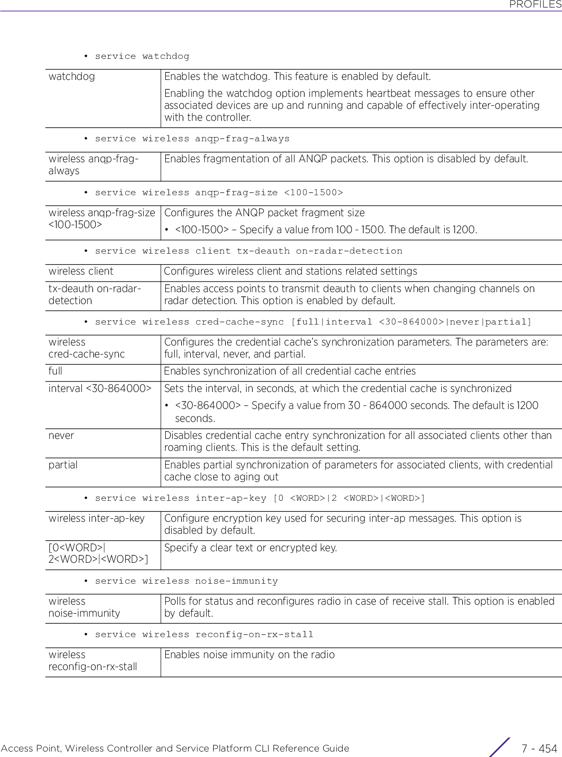 PROFILESAccess Point, Wireless Controller and Service Platform CLI Reference Guide  7 - 454• service watchdog• service wireless anqp-frag-always• service wireless anqp-frag-size &lt;100-1500&gt;• service wireless client tx-deauth on-radar-detection• service wireless cred-cache-sync [full|interval &lt;30-864000&gt;|never|partial]• service wireless inter-ap-key [0 &lt;WORD&gt;|2 &lt;WORD&gt;|&lt;WORD&gt;]• service wireless noise-immunity• service wireless reconfig-on-rx-stallwatchdog Enables the watchdog. This feature is enabled by default.Enabling the watchdog option implements heartbeat messages to ensure other associated devices are up and running and capable of effectively inter-operating with the controller.wireless anqp-frag-alwaysEnables fragmentation of all ANQP packets. This option is disabled by default.wireless anqp-frag-size &lt;100-1500&gt;Configures the ANQP packet fragment size• &lt;100-1500&gt; – Specify a value from 100 - 1500. The default is 1200.wireless client Configures wireless client and stations related settingstx-deauth on-radar-detectionEnables access points to transmit deauth to clients when changing channels on radar detection. This option is enabled by default.wireless cred-cache-sync Configures the credential cache’s synchronization parameters. The parameters are: full, interval, never, and partial.full Enables synchronization of all credential cache entriesinterval &lt;30-864000&gt; Sets the interval, in seconds, at which the credential cache is synchronized• &lt;30-864000&gt; – Specify a value from 30 - 864000 seconds. The default is 1200 seconds.never Disables credential cache entry synchronization for all associated clients other than roaming clients. This is the default setting.partial Enables partial synchronization of parameters for associated clients, with credential cache close to aging outwireless inter-ap-key Configure encryption key used for securing inter-ap messages. This option is disabled by default.[0&lt;WORD&gt;|2&lt;WORD&gt;|&lt;WORD&gt;]Specify a clear text or encrypted key.wireless noise-immunityPolls for status and reconfigures radio in case of receive stall. This option is enabled by default.wireless reconfig-on-rx-stallEnables noise immunity on the radio
