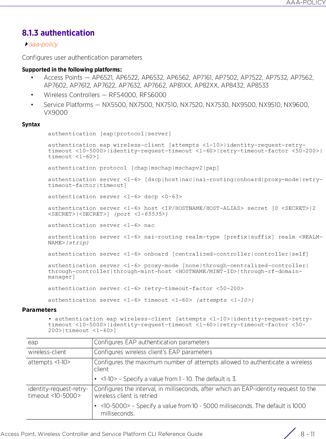 AAA-POLICYAccess Point, Wireless Controller and Service Platform CLI Reference Guide 8 - 118.1.3 authenticationaaa-policyConfigures user authentication parametersSupported in the following platforms:• Access Points — AP6521, AP6522, AP6532, AP6562, AP7161, AP7502, AP7522, AP7532, AP7562, AP7602, AP7612, AP7622, AP7632, AP7662, AP81XX, AP82XX, AP8432, AP8533• Wireless Controllers — RFS4000, RFS6000• Service Platforms — NX5500, NX7500, NX7510, NX7520, NX7530, NX9500, NX9510, NX9600, VX9000Syntaxauthentication [eap|protocol|server]authentication eap wireless-client [attempts &lt;1-10&gt;|identity-request-retry-timeout &lt;10-5000&gt;|identity-request-timeout &lt;1-60&gt;|retry-timeout-factor &lt;50-200&gt;|timeout &lt;1-60&gt;]authentication protocol [chap|mschap|mschapv2|pap]authentication server &lt;1-6&gt; [dscp|host|nac|nai-routing|onboard|proxy-mode|retry-timeout-factor|timeout]authentication server &lt;1-6&gt; dscp &lt;0-63&gt;authentication server &lt;1-6&gt; host &lt;IP/HOSTNAME/HOST-ALIAS&gt; secret [0 &lt;SECRET&gt;|2 &lt;SECRET&gt;|&lt;SECRET&gt;] {port &lt;1-65535&gt;}authentication server &lt;1-6&gt; nacauthentication server &lt;1-6&gt; nai-routing realm-type [prefix|suffix] realm &lt;REALM-NAME&gt;{strip}authentication server &lt;1-6&gt; onboard [centralized-controller|controller|self]authentication server &lt;1-6&gt; proxy-mode [none|through-centralized-controller|through-controller|through-mint-host &lt;HOSTNAME/MINT-ID&gt;|through-rf-domain-manager]authentication server &lt;1-6&gt; retry-timeout-factor &lt;50-200&gt;authentication server &lt;1-6&gt; timeout &lt;1-60&gt; {attempts &lt;1-10&gt;}Parameters• authentication eap wireless-client [attempts &lt;1-10&gt;|identity-request-retry-timeout &lt;10-5000&gt;|identity-request-timeout &lt;1-60&gt;|retry-timeout-factor &lt;50-200&gt;|timeout &lt;1-60&gt;]eap Configures EAP authentication parameterswireless-client Configures wireless client’s EAP parametersattempts &lt;1-10&gt; Configures the maximum number of attempts allowed to authenticate a wireless client• &lt;1-10&gt; – Specify a value from 1 - 10. The default is 3.identity-request-retry-timeout &lt;10-5000&gt;Configures the interval, in milliseconds, after which an EAP-identity request to the wireless client is retried• &lt;10-5000&gt; – Specify a value from 10 - 5000 milliseconds. The default is 1000 milliseconds.