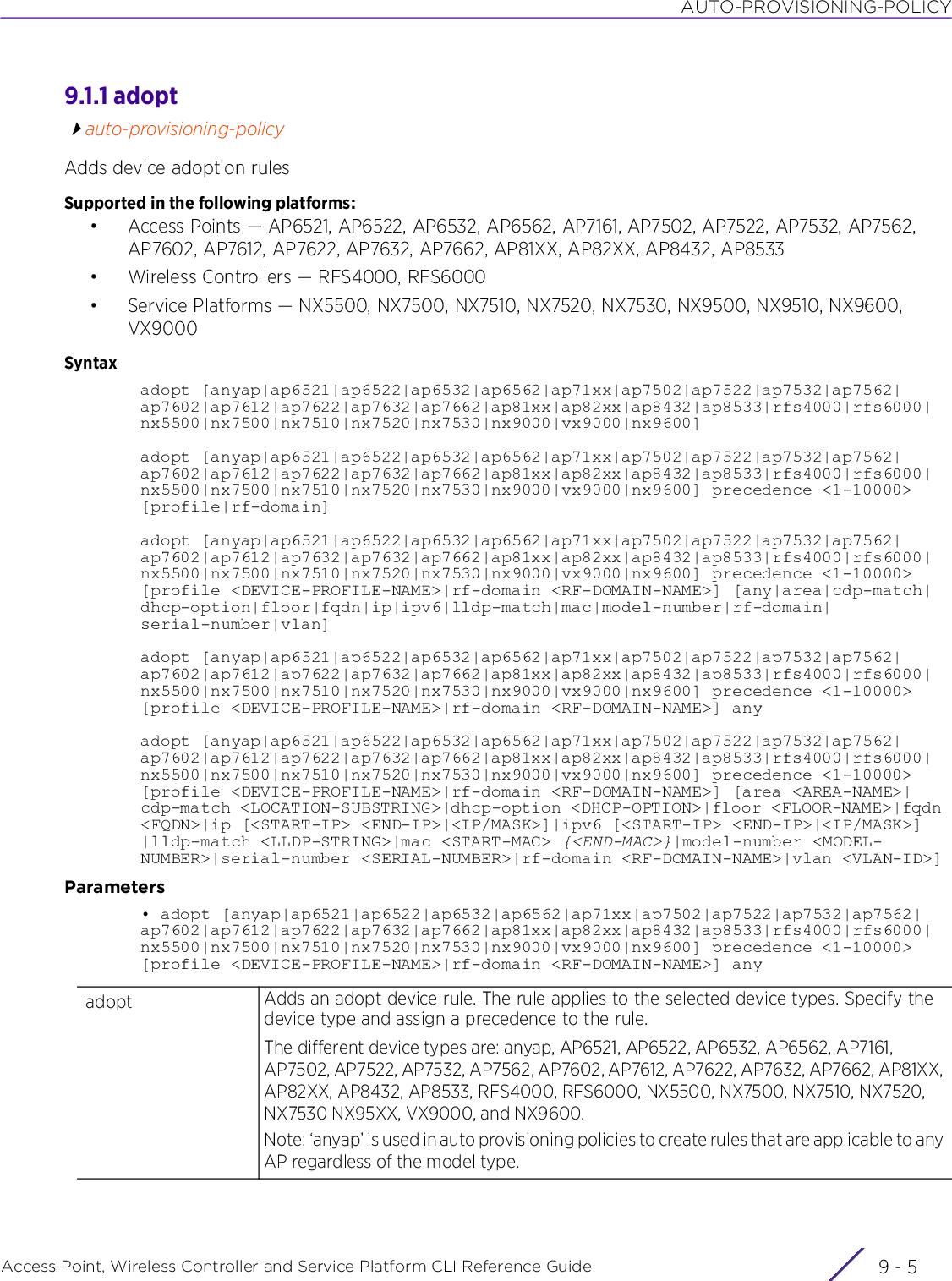 AUTO-PROVISIONING-POLICYAccess Point, Wireless Controller and Service Platform CLI Reference Guide 9 - 59.1.1 adoptauto-provisioning-policyAdds device adoption rulesSupported in the following platforms:• Access Points — AP6521, AP6522, AP6532, AP6562, AP7161, AP7502, AP7522, AP7532, AP7562, AP7602, AP7612, AP7622, AP7632, AP7662, AP81XX, AP82XX, AP8432, AP8533• Wireless Controllers — RFS4000, RFS6000• Service Platforms — NX5500, NX7500, NX7510, NX7520, NX7530, NX9500, NX9510, NX9600, VX9000Syntaxadopt [anyap|ap6521|ap6522|ap6532|ap6562|ap71xx|ap7502|ap7522|ap7532|ap7562|ap7602|ap7612|ap7622|ap7632|ap7662|ap81xx|ap82xx|ap8432|ap8533|rfs4000|rfs6000|nx5500|nx7500|nx7510|nx7520|nx7530|nx9000|vx9000|nx9600]adopt [anyap|ap6521|ap6522|ap6532|ap6562|ap71xx|ap7502|ap7522|ap7532|ap7562|ap7602|ap7612|ap7622|ap7632|ap7662|ap81xx|ap82xx|ap8432|ap8533|rfs4000|rfs6000|nx5500|nx7500|nx7510|nx7520|nx7530|nx9000|vx9000|nx9600] precedence &lt;1-10000&gt; [profile|rf-domain]adopt [anyap|ap6521|ap6522|ap6532|ap6562|ap71xx|ap7502|ap7522|ap7532|ap7562|ap7602|ap7612|ap7632|ap7632|ap7662|ap81xx|ap82xx|ap8432|ap8533|rfs4000|rfs6000|nx5500|nx7500|nx7510|nx7520|nx7530|nx9000|vx9000|nx9600] precedence &lt;1-10000&gt; [profile &lt;DEVICE-PROFILE-NAME&gt;|rf-domain &lt;RF-DOMAIN-NAME&gt;] [any|area|cdp-match|dhcp-option|floor|fqdn|ip|ipv6|lldp-match|mac|model-number|rf-domain|serial-number|vlan]adopt [anyap|ap6521|ap6522|ap6532|ap6562|ap71xx|ap7502|ap7522|ap7532|ap7562|ap7602|ap7612|ap7622|ap7632|ap7662|ap81xx|ap82xx|ap8432|ap8533|rfs4000|rfs6000|nx5500|nx7500|nx7510|nx7520|nx7530|nx9000|vx9000|nx9600] precedence &lt;1-10000&gt; [profile &lt;DEVICE-PROFILE-NAME&gt;|rf-domain &lt;RF-DOMAIN-NAME&gt;] anyadopt [anyap|ap6521|ap6522|ap6532|ap6562|ap71xx|ap7502|ap7522|ap7532|ap7562|ap7602|ap7612|ap7622|ap7632|ap7662|ap81xx|ap82xx|ap8432|ap8533|rfs4000|rfs6000|nx5500|nx7500|nx7510|nx7520|nx7530|nx9000|vx9000|nx9600] precedence &lt;1-10000&gt; [profile &lt;DEVICE-PROFILE-NAME&gt;|rf-domain &lt;RF-DOMAIN-NAME&gt;] [area &lt;AREA-NAME&gt;|cdp-match &lt;LOCATION-SUBSTRING&gt;|dhcp-option &lt;DHCP-OPTION&gt;|floor &lt;FLOOR-NAME&gt;|fqdn &lt;FQDN&gt;|ip [&lt;START-IP&gt; &lt;END-IP&gt;|&lt;IP/MASK&gt;]|ipv6 [&lt;START-IP&gt; &lt;END-IP&gt;|&lt;IP/MASK&gt;]|lldp-match &lt;LLDP-STRING&gt;|mac &lt;START-MAC&gt; {&lt;END-MAC&gt;}|model-number &lt;MODEL-NUMBER&gt;|serial-number &lt;SERIAL-NUMBER&gt;|rf-domain &lt;RF-DOMAIN-NAME&gt;|vlan &lt;VLAN-ID&gt;]Parameters• adopt [anyap|ap6521|ap6522|ap6532|ap6562|ap71xx|ap7502|ap7522|ap7532|ap7562|ap7602|ap7612|ap7622|ap7632|ap7662|ap81xx|ap82xx|ap8432|ap8533|rfs4000|rfs6000|nx5500|nx7500|nx7510|nx7520|nx7530|nx9000|vx9000|nx9600] precedence &lt;1-10000&gt; [profile &lt;DEVICE-PROFILE-NAME&gt;|rf-domain &lt;RF-DOMAIN-NAME&gt;] anyadopt Adds an adopt device rule. The rule applies to the selected device types. Specify the device type and assign a precedence to the rule.The different device types are: anyap, AP6521, AP6522, AP6532, AP6562, AP7161, AP7502, AP7522, AP7532, AP7562, AP7602, AP7612, AP7622, AP7632, AP7662, AP81XX, AP82XX, AP8432, AP8533, RFS4000, RFS6000, NX5500, NX7500, NX7510, NX7520, NX7530 NX95XX, VX9000, and NX9600.Note: ‘anyap’ is used in auto provisioning policies to create rules that are applicable to any AP regardless of the model type.