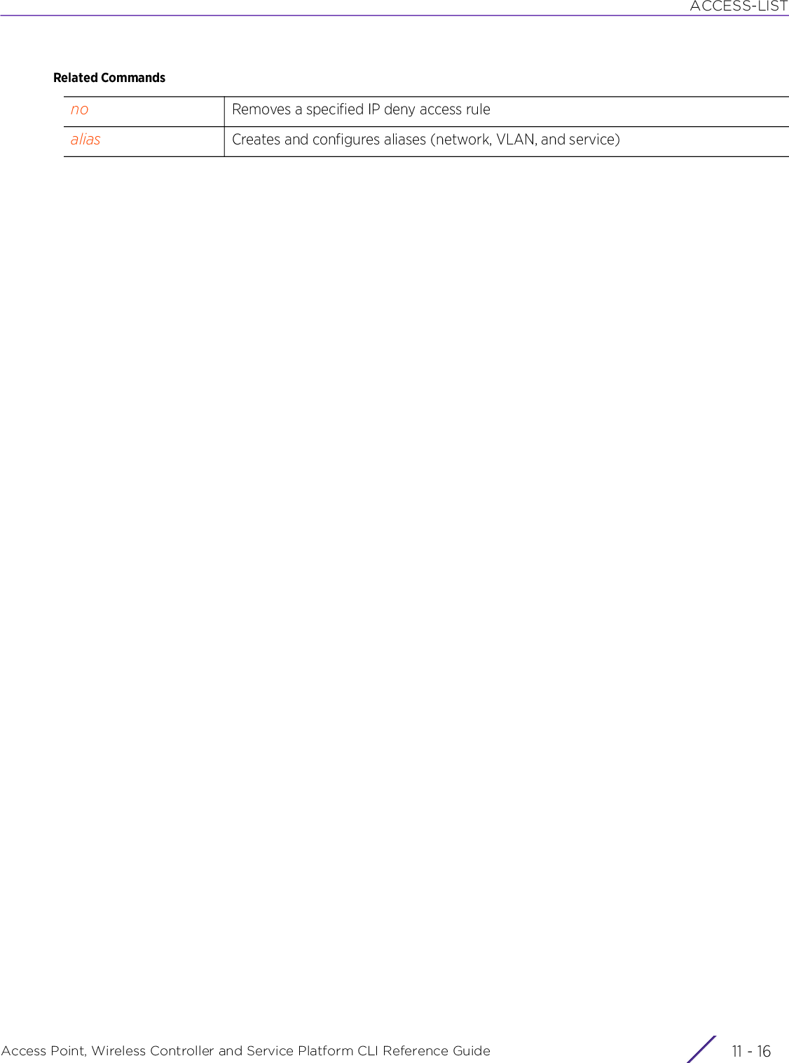 ACCESS-LISTAccess Point, Wireless Controller and Service Platform CLI Reference Guide  11 - 16Related Commandsno Removes a specified IP deny access rulealias Creates and configures aliases (network, VLAN, and service)
