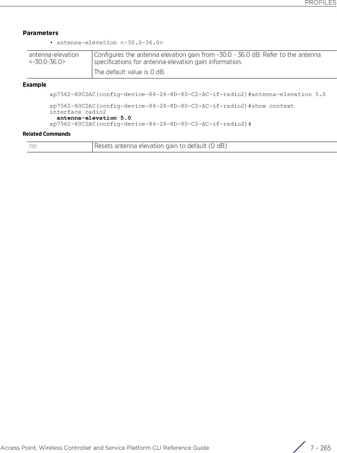 PROFILESAccess Point, Wireless Controller and Service Platform CLI Reference Guide 7 - 265Parameters• antenna-elevation &lt;-30.0-36.0&gt;Exampleap7562-80C2AC(config-device-84-24-8D-80-C2-AC-if-radio2)#antenna-elevation 5.0ap7562-80C2AC(config-device-84-24-8D-80-C2-AC-if-radio2)#show contextinterface radio2  antenna-elevation 5.0ap7562-80C2AC(config-device-84-24-8D-80-C2-AC-if-radio2)#Related Commandsantenna-elevation &lt;-30.0-36.0&gt;Configures the antenna elevation gain from -30.0 - 36.0 dB. Refer to the antenna specifications for antenna-elevation gain information.The default value is 0 dB.no Resets antenna elevation gain to default (0 dB)