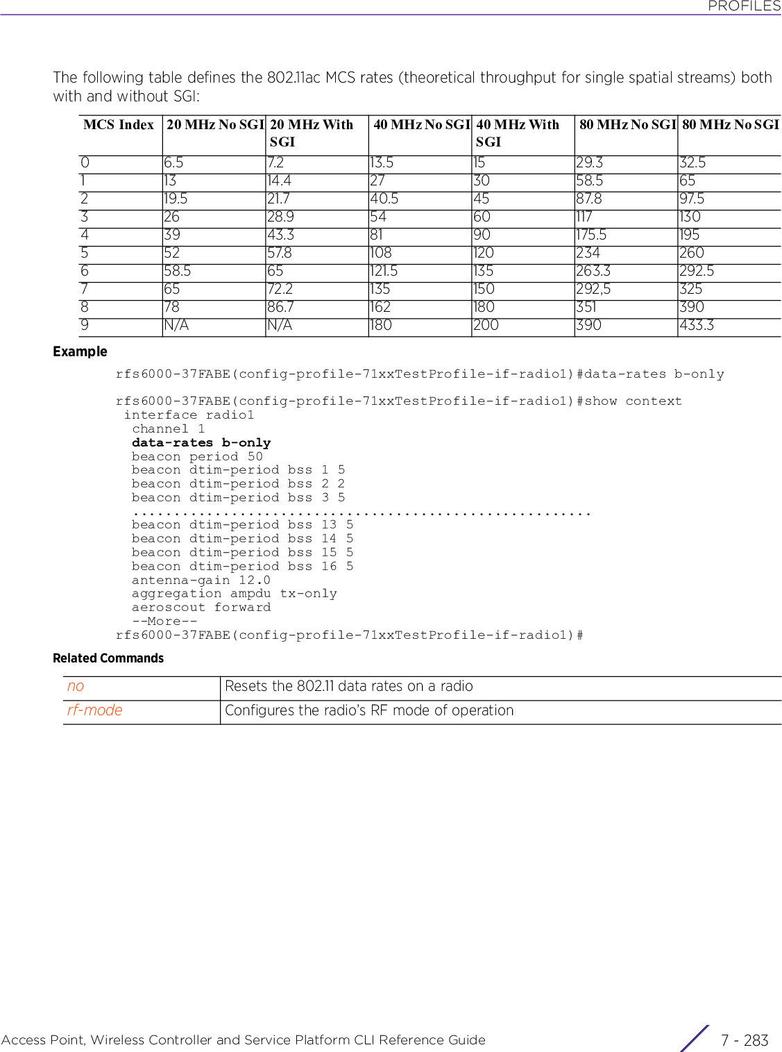 PROFILESAccess Point, Wireless Controller and Service Platform CLI Reference Guide 7 - 283The following table defines the 802.11ac MCS rates (theoretical throughput for single spatial streams) both with and without SGI:Examplerfs6000-37FABE(config-profile-71xxTestProfile-if-radio1)#data-rates b-onlyrfs6000-37FABE(config-profile-71xxTestProfile-if-radio1)#show context interface radio1  channel 1  data-rates b-only  beacon period 50  beacon dtim-period bss 1 5  beacon dtim-period bss 2 2  beacon dtim-period bss 3 5  ........................................................  beacon dtim-period bss 13 5  beacon dtim-period bss 14 5  beacon dtim-period bss 15 5  beacon dtim-period bss 16 5  antenna-gain 12.0  aggregation ampdu tx-only  aeroscout forward  --More--rfs6000-37FABE(config-profile-71xxTestProfile-if-radio1)#Related CommandsMCS Index 20 MHz No SGI 20 MHz With SGI40 MHz No SGI 40 MHz With SGI80 MHz No SGI 80 MHz No SGI06.5 7.2 13.5 15 29.332.5113 14.427 30 58.5652 19.5 21.7 40.5 45 87.8 97.53 26 28.9 54 60 117 130439 43.381 90 175.5195552 57.8 108 120 234 2606 58.5 65 121.5 135 263.3 292.5765 72.2135 150 292,53258 78 86.7 162 180 351 3909N/A N/A 180 200390 433.3no Resets the 802.11 data rates on a radiorf-mode Configures the radio’s RF mode of operation