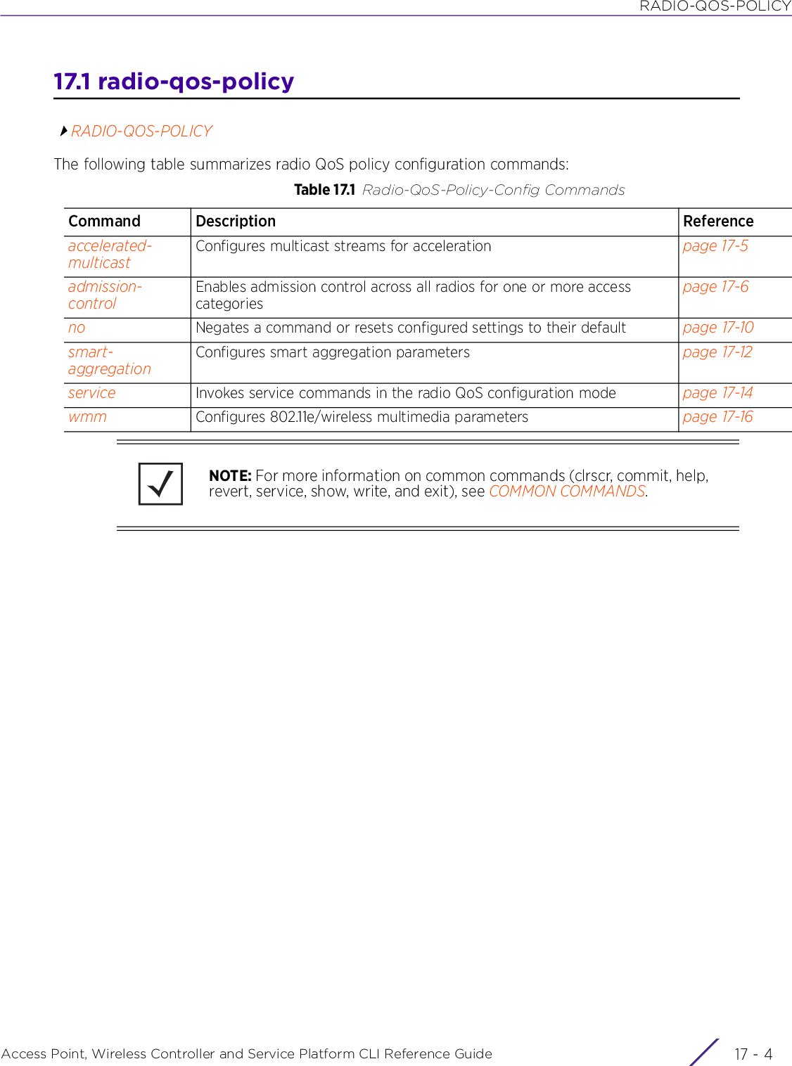 RADIO-QOS-POLICYAccess Point, Wireless Controller and Service Platform CLI Reference Guide  17 - 417.1 radio-qos-policyRADIO-QOS-POLICYThe following table summarizes radio QoS policy configuration commands:Table 17.1 Radio-QoS-Policy-Config CommandsCommand Description Referenceaccelerated-multicastConfigures multicast streams for acceleration page 17-5admission-controlEnables admission control across all radios for one or more access categoriespage 17-6no Negates a command or resets configured settings to their default page 17-10smart-aggregationConfigures smart aggregation parameters page 17-12service Invokes service commands in the radio QoS configuration mode page 17-14wmm Configures 802.11e/wireless multimedia parameters page 17-16NOTE: For more information on common commands (clrscr, commit, help, revert, service, show, write, and exit), see COMMON COMMANDS.