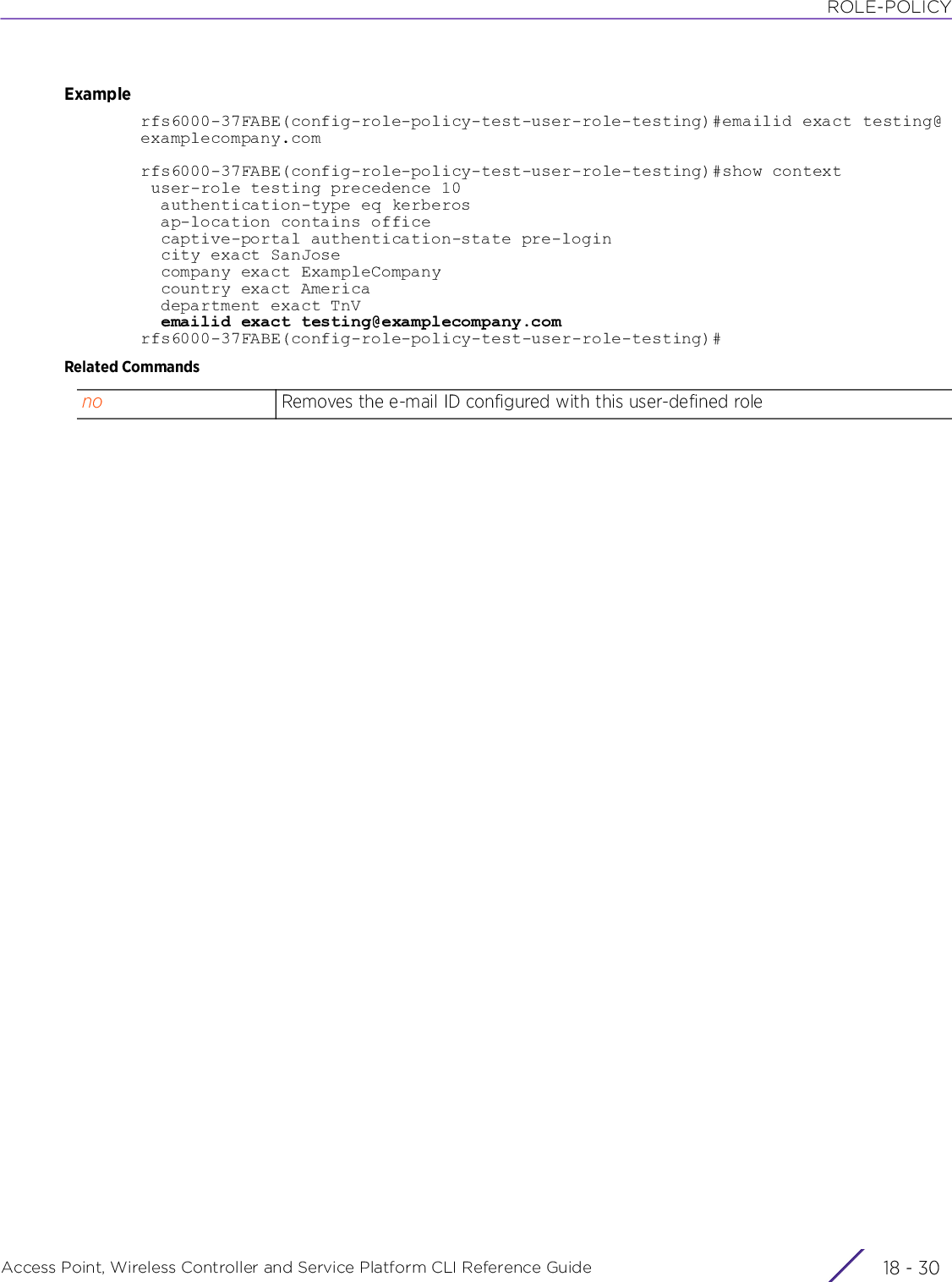 ROLE-POLICYAccess Point, Wireless Controller and Service Platform CLI Reference Guide  18 - 30Examplerfs6000-37FABE(config-role-policy-test-user-role-testing)#emailid exact testing@examplecompany.comrfs6000-37FABE(config-role-policy-test-user-role-testing)#show context user-role testing precedence 10  authentication-type eq kerberos  ap-location contains office  captive-portal authentication-state pre-login  city exact SanJose  company exact ExampleCompany  country exact America  department exact TnV  emailid exact testing@examplecompany.comrfs6000-37FABE(config-role-policy-test-user-role-testing)#Related Commandsno Removes the e-mail ID configured with this user-defined role