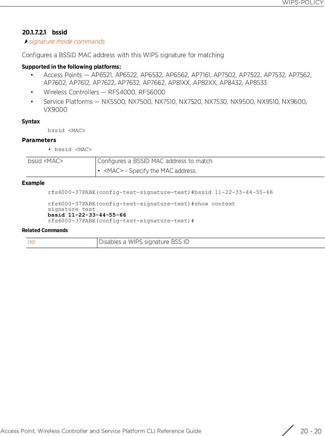 WIPS-POLICYAccess Point, Wireless Controller and Service Platform CLI Reference Guide  20 - 2020.1.7.2.1 bssidsignature mode commandsConfigures a BSSID MAC address with this WIPS signature for matchingSupported in the following platforms:• Access Points — AP6521, AP6522, AP6532, AP6562, AP7161, AP7502, AP7522, AP7532, AP7562, AP7602, AP7612, AP7622, AP7632, AP7662, AP81XX, AP82XX, AP8432, AP8533• Wireless Controllers — RFS4000, RFS6000• Service Platforms — NX5500, NX7500, NX7510, NX7520, NX7530, NX9500, NX9510, NX9600, VX9000Syntaxbssid &lt;MAC&gt;Parameters• bssid &lt;MAC&gt;Examplerfs6000-37FABE(config-test-signature-test)#bssid 11-22-33-44-55-66rfs6000-37FABE(config-test-signature-test)#show contextsignature testbssid 11-22-33-44-55-66rfs6000-37FABE(config-test-signature-test)#Related Commandsbssid &lt;MAC&gt; Configures a BSSID MAC address to match• &lt;MAC&gt; – Specify the MAC address.no Disables a WIPS signature BSS ID