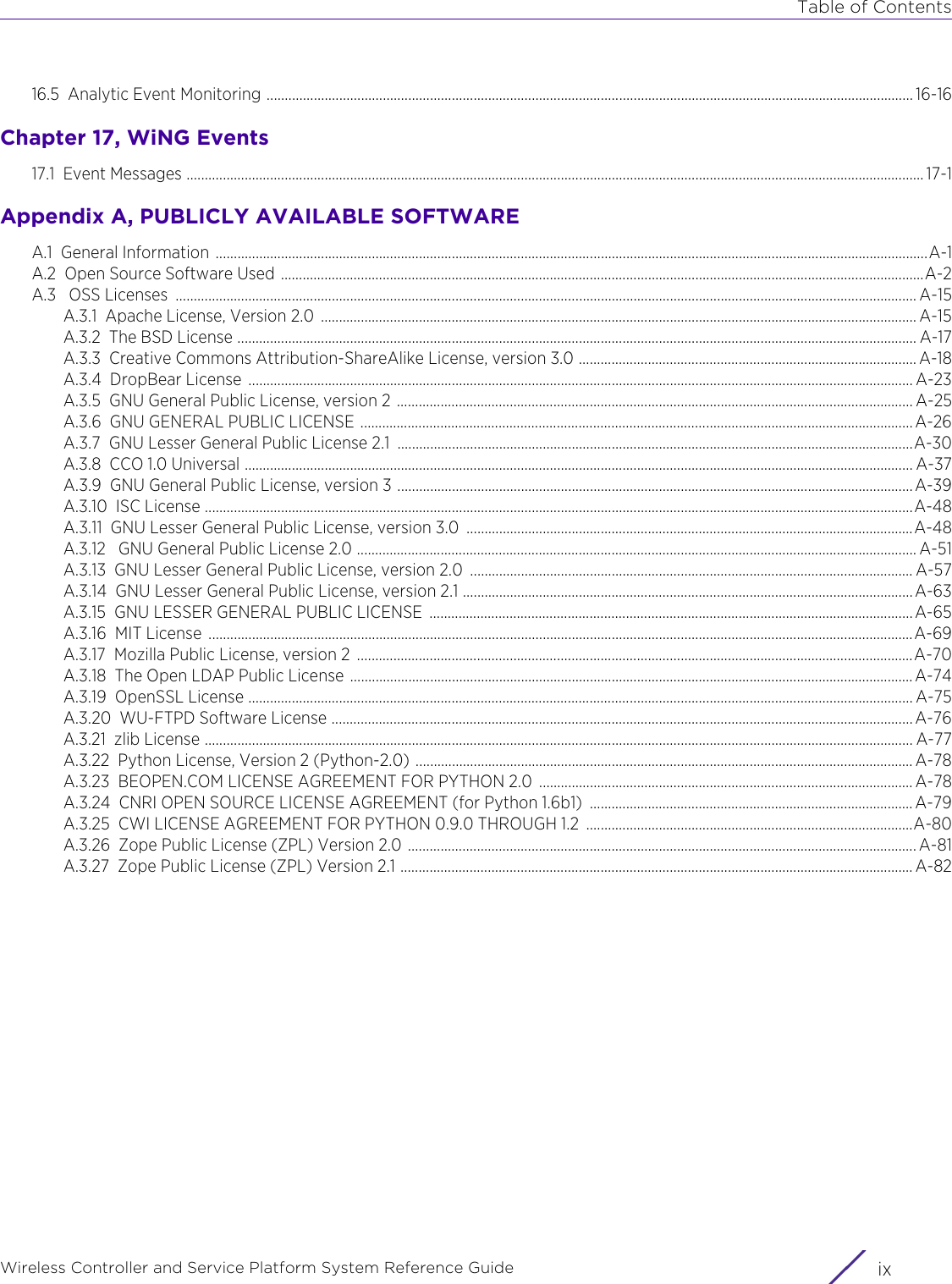 Table of ContentsWireless Controller and Service Platform System Reference Guide ix16.5 Analytic Event Monitoring .................................................................................................................................................................................. 16-16Chapter 17, WiNG Events17.1 Event Messages ........................................................................................................................................................................................................... 17-1Appendix A, PUBLICLY AVAILABLE SOFTWAREA.1 General Information ....................................................................................................................................................................................................A-1A.2 Open Source Software Used .................................................................................................................................................................................A-2A.3  OSS Licenses  ............................................................................................................................................................................................................ A-15A.3.1 Apache License, Version 2.0  .................................................................................................................................................................... A-15A.3.2 The BSD License ........................................................................................................................................................................................... A-17A.3.3 Creative Commons Attribution-ShareAlike License, version 3.0 ............................................................................................. A-18A.3.4 DropBear License  ....................................................................................................................................................................................... A-23A.3.5 GNU General Public License, version 2 .............................................................................................................................................. A-25A.3.6 GNU GENERAL PUBLIC LICENSE  ........................................................................................................................................................ A-26A.3.7 GNU Lesser General Public License 2.1  ..............................................................................................................................................A-30A.3.8 CCO 1.0 Universal ........................................................................................................................................................................................ A-37A.3.9 GNU General Public License, version 3 ..............................................................................................................................................A-39A.3.10 ISC License ...................................................................................................................................................................................................A-48A.3.11 GNU Lesser General Public License, version 3.0 ...........................................................................................................................A-48A.3.12  GNU General Public License 2.0 .......................................................................................................................................................... A-51A.3.13 GNU Lesser General Public License, version 2.0 .......................................................................................................................... A-57A.3.14 GNU Lesser General Public License, version 2.1 ............................................................................................................................A-63A.3.15 GNU LESSER GENERAL PUBLIC LICENSE  .....................................................................................................................................A-65A.3.16 MIT License  ..................................................................................................................................................................................................A-69A.3.17 Mozilla Public License, version 2  .........................................................................................................................................................A-70A.3.18 The Open LDAP Public License ...........................................................................................................................................................A-74A.3.19 OpenSSL License ....................................................................................................................................................................................... A-75A.3.20 WU-FTPD Software License ................................................................................................................................................................ A-76A.3.21 zlib License ................................................................................................................................................................................................... A-77A.3.22 Python License, Version 2 (Python-2.0) ......................................................................................................................................... A-78A.3.23 BEOPEN.COM LICENSE AGREEMENT FOR PYTHON 2.0  ....................................................................................................... A-78A.3.24 CNRI OPEN SOURCE LICENSE AGREEMENT (for Python 1.6b1)  ......................................................................................... A-79A.3.25 CWI LICENSE AGREEMENT FOR PYTHON 0.9.0 THROUGH 1.2  ..........................................................................................A-80A.3.26 Zope Public License (ZPL) Version 2.0 ............................................................................................................................................ A-81A.3.27 Zope Public License (ZPL) Version 2.1 ............................................................................................................................................. A-82