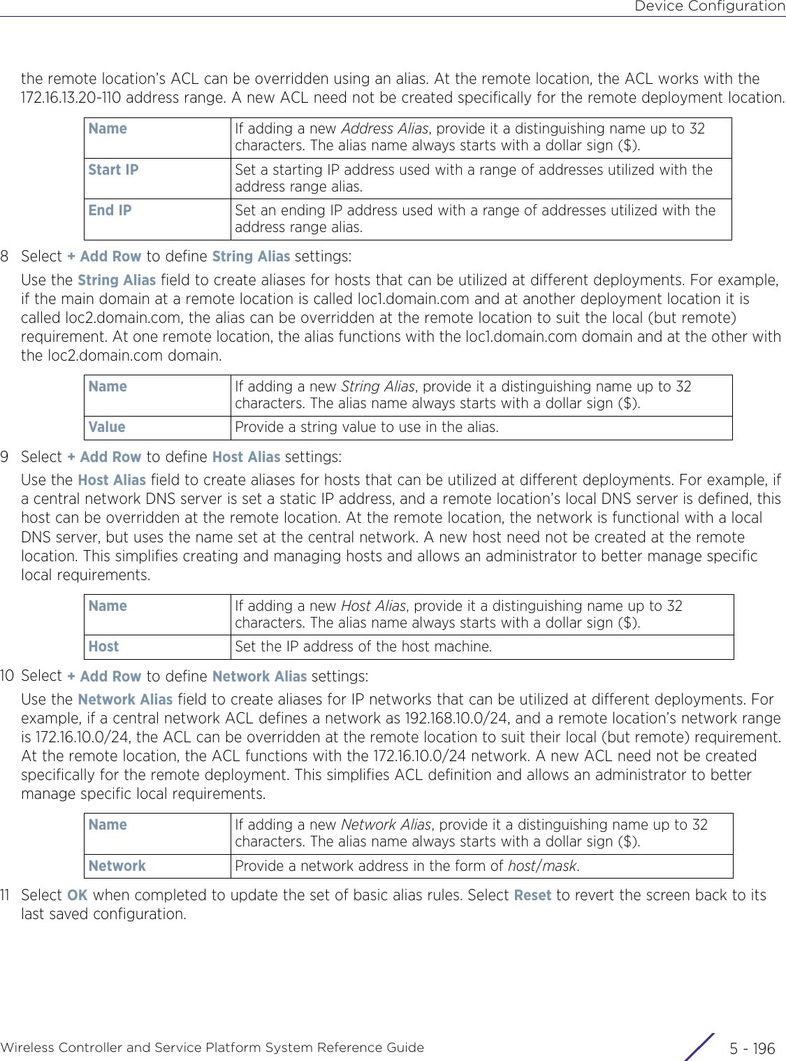 Device ConfigurationWireless Controller and Service Platform System Reference Guide  5 - 196the remote location’s ACL can be overridden using an alias. At the remote location, the ACL works with the 172.16.13.20-110 address range. A new ACL need not be created specifically for the remote deployment location.8Select + Add Row to define String Alias settings: Use the String Alias field to create aliases for hosts that can be utilized at different deployments. For example, if the main domain at a remote location is called loc1.domain.com and at another deployment location it is called loc2.domain.com, the alias can be overridden at the remote location to suit the local (but remote) requirement. At one remote location, the alias functions with the loc1.domain.com domain and at the other with the loc2.domain.com domain. 9Select + Add Row to define Host Alias settings: Use the Host Alias field to create aliases for hosts that can be utilized at different deployments. For example, if a central network DNS server is set a static IP address, and a remote location’s local DNS server is defined, this host can be overridden at the remote location. At the remote location, the network is functional with a local DNS server, but uses the name set at the central network. A new host need not be created at the remote location. This simplifies creating and managing hosts and allows an administrator to better manage specific local requirements.10 Select + Add Row to define Network Alias settings:Use the Network Alias field to create aliases for IP networks that can be utilized at different deployments. For example, if a central network ACL defines a network as 192.168.10.0/24, and a remote location’s network range is 172.16.10.0/24, the ACL can be overridden at the remote location to suit their local (but remote) requirement. At the remote location, the ACL functions with the 172.16.10.0/24 network. A new ACL need not be created specifically for the remote deployment. This simplifies ACL definition and allows an administrator to better manage specific local requirements.11 Select OK when completed to update the set of basic alias rules. Select Reset to revert the screen back to its last saved configuration.Name If adding a new Address Alias, provide it a distinguishing name up to 32 characters. The alias name always starts with a dollar sign ($).Start IP Set a starting IP address used with a range of addresses utilized with the address range alias.End IP Set an ending IP address used with a range of addresses utilized with the address range alias.Name If adding a new String Alias, provide it a distinguishing name up to 32 characters. The alias name always starts with a dollar sign ($).Value Provide a string value to use in the alias.Name If adding a new Host Alias, provide it a distinguishing name up to 32 characters. The alias name always starts with a dollar sign ($).Host Set the IP address of the host machine.Name If adding a new Network Alias, provide it a distinguishing name up to 32 characters. The alias name always starts with a dollar sign ($).Network Provide a network address in the form of host/mask.