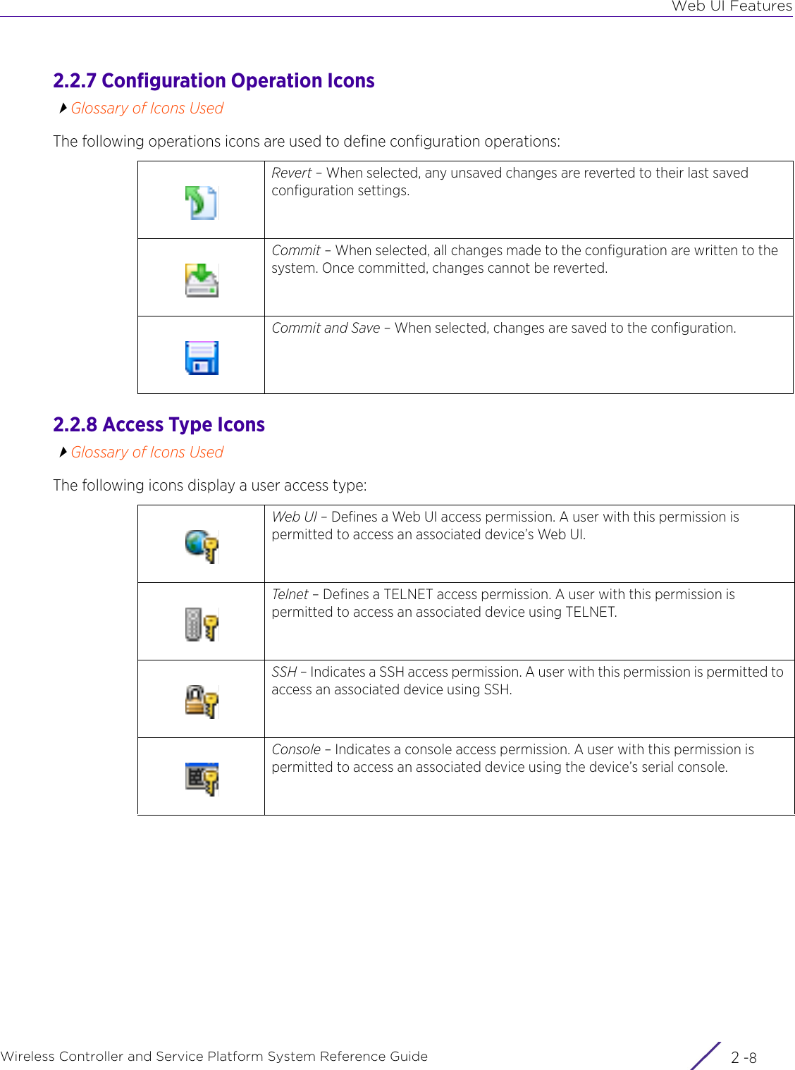 Web UI FeaturesWireless Controller and Service Platform System Reference Guide 2 -82.2.7 Configuration Operation IconsGlossary of Icons UsedThe following operations icons are used to define configuration operations:2.2.8 Access Type IconsGlossary of Icons UsedThe following icons display a user access type: Revert – When selected, any unsaved changes are reverted to their last saved configuration settings.Commit – When selected, all changes made to the configuration are written to the system. Once committed, changes cannot be reverted.Commit and Save – When selected, changes are saved to the configuration.Web UI – Defines a Web UI access permission. A user with this permission is permitted to access an associated device’s Web UI.Telnet – Defines a TELNET access permission. A user with this permission is permitted to access an associated device using TELNET.SSH – Indicates a SSH access permission. A user with this permission is permitted to access an associated device using SSH.Console – Indicates a console access permission. A user with this permission is permitted to access an associated device using the device’s serial console.