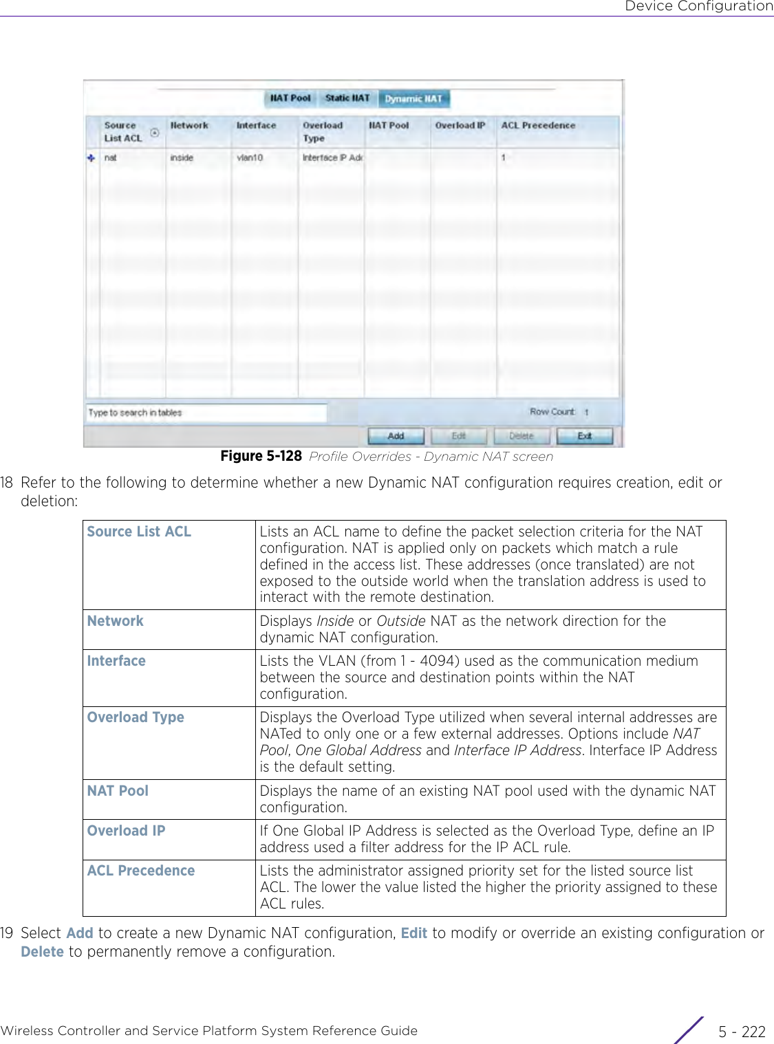 Device ConfigurationWireless Controller and Service Platform System Reference Guide  5 - 222Figure 5-128 Profile Overrides - Dynamic NAT screen18 Refer to the following to determine whether a new Dynamic NAT configuration requires creation, edit or deletion:19 Select Add to create a new Dynamic NAT configuration, Edit to modify or override an existing configuration or Delete to permanently remove a configuration.Source List ACL Lists an ACL name to define the packet selection criteria for the NAT configuration. NAT is applied only on packets which match a rule defined in the access list. These addresses (once translated) are not exposed to the outside world when the translation address is used to interact with the remote destination.Network Displays Inside or Outside NAT as the network direction for the dynamic NAT configuration. Interface Lists the VLAN (from 1 - 4094) used as the communication medium between the source and destination points within the NAT configuration. Overload Type Displays the Overload Type utilized when several internal addresses are NATed to only one or a few external addresses. Options include NAT Pool, One Global Address and Interface IP Address. Interface IP Address is the default setting.NAT Pool Displays the name of an existing NAT pool used with the dynamic NAT configuration. Overload IP If One Global IP Address is selected as the Overload Type, define an IP address used a filter address for the IP ACL rule.ACL Precedence Lists the administrator assigned priority set for the listed source list ACL. The lower the value listed the higher the priority assigned to these ACL rules.