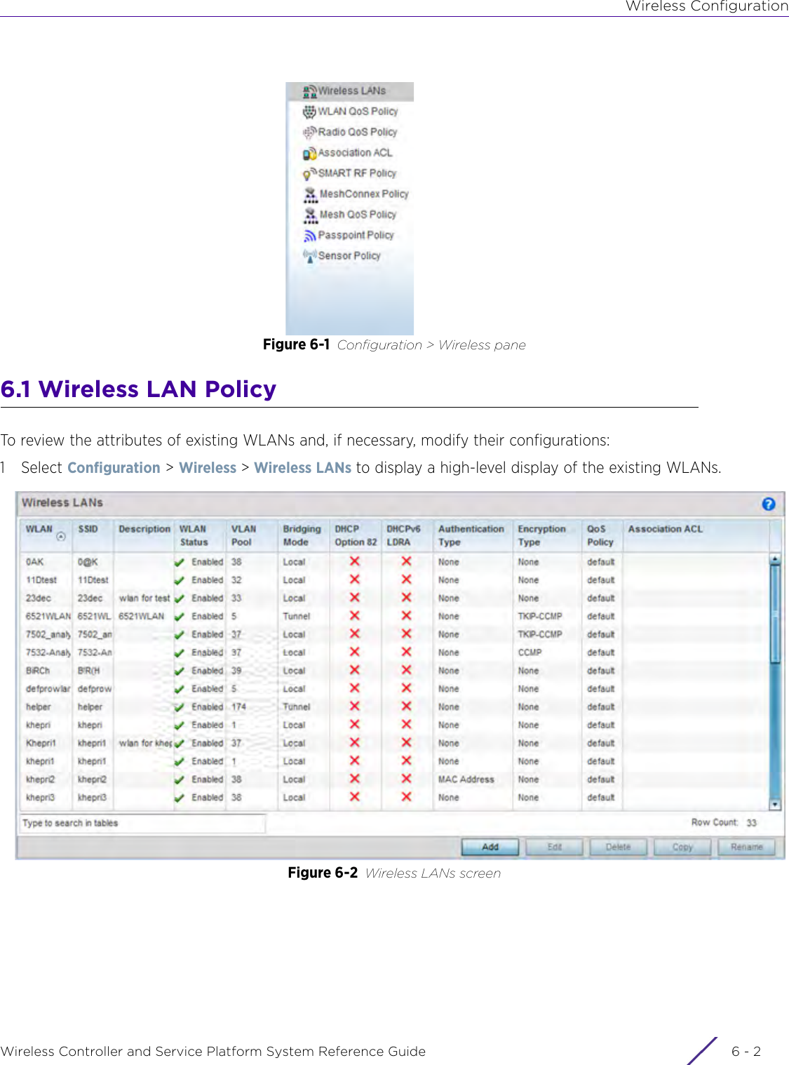 Wireless ConfigurationWireless Controller and Service Platform System Reference Guide  6 - 2Figure 6-1 Configuration &gt; Wireless pane6.1 Wireless LAN PolicyTo review the attributes of existing WLANs and, if necessary, modify their configurations:1Select Configuration &gt; Wireless &gt; Wireless LANs to display a high-level display of the existing WLANs.Figure 6-2 Wireless LANs screen