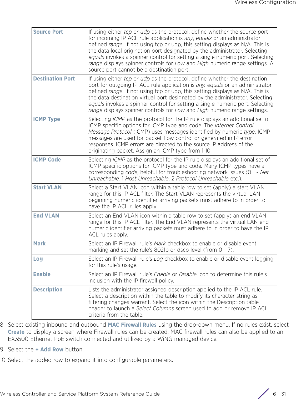 Wireless ConfigurationWireless Controller and Service Platform System Reference Guide 6 - 318 Select existing inbound and outbound MAC Firewall Rules using the drop-down menu. If no rules exist, select Create to display a screen where Firewall rules can be created. MAC firewall rules can also be applied to an EX3500 Ethernet PoE switch connected and utilized by a WiNG managed device.9 Select the + Add Row button.10 Select the added row to expand it into configurable parameters.Source Port If using either tcp or udp as the protocol, define whether the source port for incoming IP ACL rule application is any, equals or an administrator defined range. If not using tcp or udp, this setting displays as N/A. This is the data local origination port designated by the administrator. Selecting equals invokes a spinner control for setting a single numeric port. Selecting range displays spinner controls for Low and High numeric range settings. A source port cannot be a destination port.Destination Port If using either tcp or udp as the protocol, define whether the destination port for outgoing IP ACL rule application is any, equals or an administrator defined range. If not using tcp or udp, this setting displays as N/A. This is the data destination virtual port designated by the administrator. Selecting equals invokes a spinner control for setting a single numeric port. Selecting range displays spinner controls for Low and High numeric range settings.ICMP Type Selecting ICMP as the protocol for the IP rule displays an additional set of ICMP specific options for ICMP type and code. The Internet Control Message Protocol (ICMP) uses messages identified by numeric type. ICMP messages are used for packet flow control or generated in IP error responses. ICMP errors are directed to the source IP address of the originating packet. Assign an ICMP type from 1-10.ICMP Code Selecting ICMP as the protocol for the IP rule displays an additional set of ICMP specific options for ICMP type and code. Many ICMP types have a corresponding code, helpful for troubleshooting network issues (0   - Net Unreachable, 1 Host Unreachable, 2 Protocol Unreachable etc.). Start VLAN Select a Start VLAN icon within a table row to set (apply) a start VLAN range for this IP ACL filter. The Start VLAN represents the virtual LAN beginning numeric identifier arriving packets must adhere to in order to have the IP ACL rules apply.End VLAN Select an End VLAN icon within a table row to set (apply) an end VLAN range for this IP ACL filter. The End VLAN represents the virtual LAN end numeric identifier arriving packets must adhere to in order to have the IP ACL rules apply.Mark Select an IP Firewall rule’s Mark checkbox to enable or disable event marking and set the rule’s 8021p or dscp level (from 0 - 7).Log  Select an IP Firewall rule’s Log checkbox to enable or disable event logging for this rule’s usage.Enable Select an IP Firewall rule’s Enable or Disable icon to determine this rule’s inclusion with the IP firewall policy.Description Lists the administrator assigned description applied to the IP ACL rule. Select a description within the table to modify its character string as filtering changes warrant. Select the icon within the Description table header to launch a Select Columns screen used to add or remove IP ACL criteria from the table.