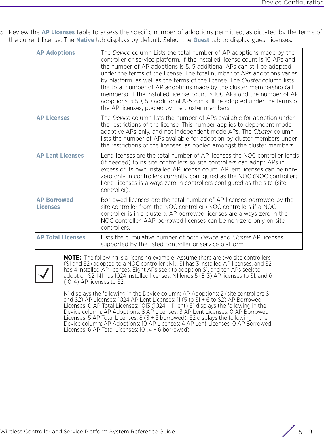 Device ConfigurationWireless Controller and Service Platform System Reference Guide 5 - 95Review the AP Licenses table to assess the specific number of adoptions permitted, as dictated by the terms of the current license. The Native tab displays by default. Select the Guest tab to display guest licenses.AP Adoptions The Device column Lists the total number of AP adoptions made by the controller or service platform. If the installed license count is 10 APs and the number of AP adoptions is 5, 5 additional APs can still be adopted under the terms of the license. The total number of APs adoptions varies by platform, as well as the terms of the license. The Cluster column lists the total number of AP adoptions made by the cluster membership (all members). If the installed license count is 100 APs and the number of AP adoptions is 50, 50 additional APs can still be adopted under the terms of the AP licenses, pooled by the cluster members. AP Licenses The Device column lists the number of APs available for adoption under the restrictions of the license. This number applies to dependent mode adaptive APs only, and not independent mode APs. The Cluster column lists the number of APs available for adoption by cluster members under the restrictions of the licenses, as pooled amongst the cluster members. AP Lent Licenses Lent licenses are the total number of AP licenses the NOC controller lends (if needed) to its site controllers so site controllers can adopt APs in excess of its own installed AP license count. AP lent licenses can be non-zero only in controllers currently configured as the NOC (NOC controller). Lent Licenses is always zero in controllers configured as the site (site controller).AP Borrowed LicensesBorrowed licenses are the total number of AP licenses borrowed by the site controller from the NOC controller (NOC controllers if a NOC controller is in a cluster). AP borrowed licenses are always zero in the NOC controller. AAP borrowed licenses can be non-zero only on site controllers.AP Total Licenses Lists the cumulative number of both Device and Cluster AP licenses supported by the listed controller or service platform.NOTE:  The following is a licensing example: Assume there are two site controllers (S1 and S2) adopted to a NOC controller (N1). S1 has 3 installed AP licenses, and S2 has 4 installed AP licenses. Eight APs seek to adopt on S1, and ten APs seek to adopt on S2. N1 has 1024 installed licenses. N1 lends 5 (8-3) AP licenses to S1, and 6 (10-4) AP licenses to S2. N1 displays the following in the Device column: AP Adoptions: 2 (site controllers S1 and S2) AP Licenses: 1024 AP Lent Licenses: 11 (5 to S1 + 6 to S2) AP Borrowed Licenses: 0 AP Total Licenses: 1013 (1024 – 11 lent) S1 displays the following in the Device column: AP Adoptions: 8 AP Licenses: 3 AP Lent Licenses: 0 AP Borrowed Licenses: 5 AP Total Licenses: 8 (3 + 5 borrowed). S2 displays the following in the Device column: AP Adoptions: 10 AP Licenses: 4 AP Lent Licenses: 0 AP Borrowed Licenses: 6 AP Total Licenses: 10 (4 + 6 borrowed).