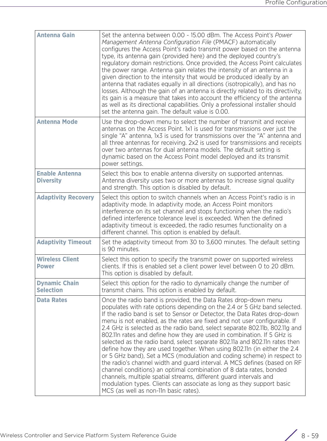 Profile ConfigurationWireless Controller and Service Platform System Reference Guide 8 - 59Antenna Gain Set the antenna between 0.00 - 15.00 dBm. The Access Point’s Power Management Antenna Configuration File (PMACF) automatically configures the Access Point’s radio transmit power based on the antenna type, its antenna gain (provided here) and the deployed country’s regulatory domain restrictions. Once provided, the Access Point calculates the power range. Antenna gain relates the intensity of an antenna in a given direction to the intensity that would be produced ideally by an antenna that radiates equally in all directions (isotropically), and has no losses. Although the gain of an antenna is directly related to its directivity, its gain is a measure that takes into account the efficiency of the antenna as well as its directional capabilities. Only a professional installer should set the antenna gain. The default value is 0.00.Antenna Mode Use the drop-down menu to select the number of transmit and receive antennas on the Access Point. 1x1 is used for transmissions over just the single “A” antenna, 1x3 is used for transmissions over the “A” antenna and all three antennas for receiving. 2x2 is used for transmissions and receipts over two antennas for dual antenna models. The default setting is dynamic based on the Access Point model deployed and its transmit power settings.Enable Antenna DiversitySelect this box to enable antenna diversity on supported antennas. Antenna diversity uses two or more antennas to increase signal quality and strength. This option is disabled by default.Adaptivity Recovery  Select this option to switch channels when an Access Point‘s radio is in adaptivity mode. In adaptivity mode, an Access Point monitors interference on its set channel and stops functioning when the radio’s defined interference tolerance level is exceeded. When the defined adaptivity timeout is exceeded, the radio resumes functionality on a different channel. This option is enabled by default.Adaptivity Timeout Set the adaptivity timeout from 30 to 3,600 minutes. The default setting is 90 minutes. Wireless Client PowerSelect this option to specify the transmit power on supported wireless clients. If this is enabled set a client power level between 0 to 20 dBm. This option is disabled by default.Dynamic Chain SelectionSelect this option for the radio to dynamically change the number of transmit chains. This option is enabled by default.Data Rates Once the radio band is provided, the Data Rates drop-down menu populates with rate options depending on the 2.4 or 5 GHz band selected. If the radio band is set to Sensor or Detector, the Data Rates drop-down menu is not enabled, as the rates are fixed and not user configurable. If 2.4 GHz is selected as the radio band, select separate 802.11b, 802.11g and 802.11n rates and define how they are used in combination. If 5 GHz is selected as the radio band, select separate 802.11a and 802.11n rates then define how they are used together. When using 802.11n (in either the 2.4 or 5 GHz band), Set a MCS (modulation and coding scheme) in respect to the radio’s channel width and guard interval. A MCS defines (based on RF channel conditions) an optimal combination of 8 data rates, bonded channels, multiple spatial streams, different guard intervals and modulation types. Clients can associate as long as they support basic MCS (as well as non-11n basic rates).