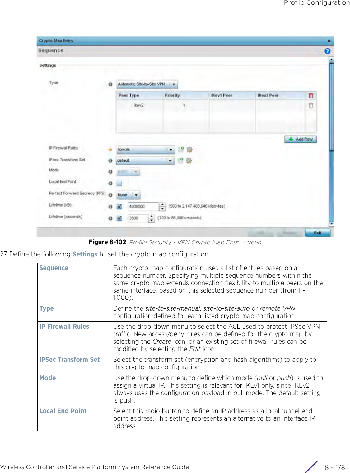 Profile ConfigurationWireless Controller and Service Platform System Reference Guide  8 - 178Figure 8-102 Profile Security - VPN Crypto Map Entry screen27 Define the following Settings to set the crypto map configuration: Sequence Each crypto map configuration uses a list of entries based on a sequence number. Specifying multiple sequence numbers within the same crypto map extends connection flexibility to multiple peers on the same interface, based on this selected sequence number (from 1 - 1,000).Type Define the site-to-site-manual, site-to-site-auto or remote VPN configuration defined for each listed crypto map configuration. IP Firewall Rules Use the drop-down menu to select the ACL used to protect IPSec VPN traffic. New access/deny rules can be defined for the crypto map by selecting the Create icon, or an existing set of firewall rules can be modified by selecting the Edit icon.IPSec Transform Set Select the transform set (encryption and hash algorithms) to apply to this crypto map configuration. Mode Use the drop-down menu to define which mode (pull or push) is used to assign a virtual IP. This setting is relevant for IKEv1 only, since IKEv2 always uses the configuration payload in pull mode. The default setting is push.Local End Point Select this radio button to define an IP address as a local tunnel end point address. This setting represents an alternative to an interface IP address.