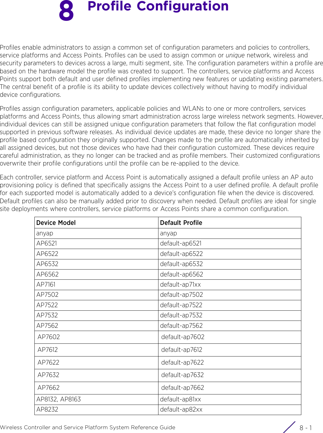 8 - 1Wireless Controller and Service Platform System Reference Guide8Profile ConfigurationProfiles enable administrators to assign a common set of configuration parameters and policies to controllers, service platforms and Access Points. Profiles can be used to assign common or unique network, wireless and security parameters to devices across a large, multi segment, site. The configuration parameters within a profile are based on the hardware model the profile was created to support. The controllers, service platforms and Access Points support both default and user defined profiles implementing new features or updating existing parameters. The central benefit of a profile is its ability to update devices collectively without having to modify individual device configurations.Profiles assign configuration parameters, applicable policies and WLANs to one or more controllers, services platforms and Access Points, thus allowing smart administration across large wireless network segments. However, individual devices can still be assigned unique configuration parameters that follow the flat configuration model supported in previous software releases. As individual device updates are made, these device no longer share the profile based configuration they originally supported. Changes made to the profile are automatically inherited by all assigned devices, but not those devices who have had their configuration customized. These devices require careful administration, as they no longer can be tracked and as profile members. Their customized configurations overwrite their profile configurations until the profile can be re-applied to the device. Each controller, service platform and Access Point is automatically assigned a default profile unless an AP auto provisioning policy is defined that specifically assigns the Access Point to a user defined profile. A default profile for each supported model is automatically added to a device’s configuration file when the device is discovered. Default profiles can also be manually added prior to discovery when needed. Default profiles are ideal for single site deployments where controllers, service platforms or Access Points share a common configuration. Device Model Default Profileanyap anyapAP6521 default-ap6521AP6522 default-ap6522AP6532 default-ap6532AP6562 default-ap6562AP7161 default-ap71xxAP7502 default-ap7502AP7522 default-ap7522AP7532 default-ap7532AP7562 default-ap7562AP7602 default-ap7602AP7612 default-ap7612AP7622 default-ap7622AP7632 default-ap7632AP7662 default-ap7662AP8132, AP8163 default-ap81xxAP8232 default-ap82xx
