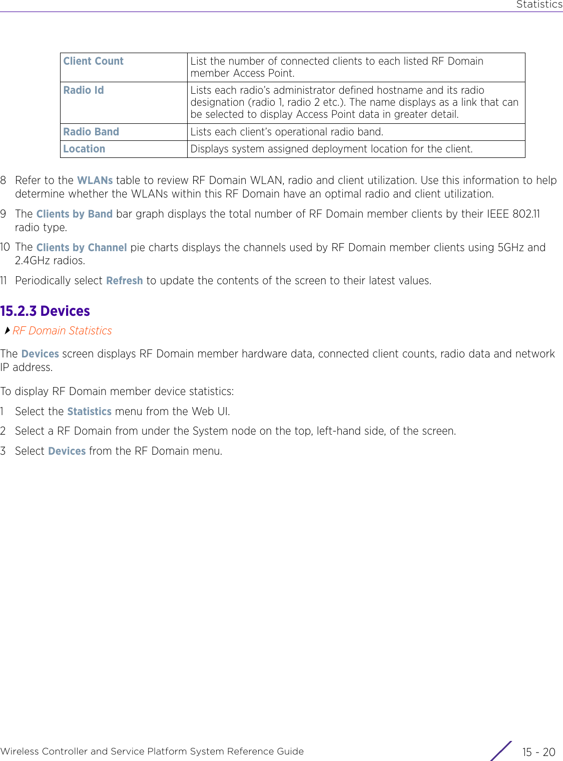 StatisticsWireless Controller and Service Platform System Reference Guide  15 - 208 Refer to the WLANs table to review RF Domain WLAN, radio and client utilization. Use this information to help determine whether the WLANs within this RF Domain have an optimal radio and client utilization.9The Clients by Band bar graph displays the total number of RF Domain member clients by their IEEE 802.11 radio type. 10 The Clients by Channel pie charts displays the channels used by RF Domain member clients using 5GHz and 2.4GHz radios. 11 Periodically select Refresh to update the contents of the screen to their latest values. 15.2.3 DevicesRF Domain StatisticsThe Devices screen displays RF Domain member hardware data, connected client counts, radio data and network IP address.To display RF Domain member device statistics:1 Select the Statistics menu from the Web UI.2 Select a RF Domain from under the System node on the top, left-hand side, of the screen.3Select Devices from the RF Domain menu.Client Count List the number of connected clients to each listed RF Domain member Access Point.Radio Id Lists each radio’s administrator defined hostname and its radio designation (radio 1, radio 2 etc.). The name displays as a link that can be selected to display Access Point data in greater detail.Radio Band Lists each client’s operational radio band.Location Displays system assigned deployment location for the client.