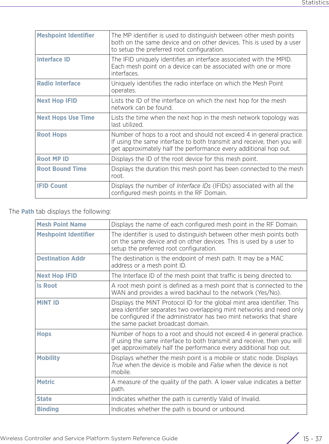 StatisticsWireless Controller and Service Platform System Reference Guide 15 - 37The Path tab displays the following:Meshpoint Identifier The MP identifier is used to distinguish between other mesh points both on the same device and on other devices. This is used by a user to setup the preferred root configuration.Interface ID The IFID uniquely identifies an interface associated with the MPID. Each mesh point on a device can be associated with one or more interfaces.Radio Interface Uniquely identifies the radio interface on which the Mesh Point operates.Next Hop IFID Lists the ID of the interface on which the next hop for the mesh network can be found.Next Hops Use Time Lists the time when the next hop in the mesh network topology was last utilized.Root Hops Number of hops to a root and should not exceed 4 in general practice. If using the same interface to both transmit and receive, then you will get approximately half the performance every additional hop out.Root MP ID Displays the ID of the root device for this mesh point.Root Bound Time Displays the duration this mesh point has been connected to the mesh root.IFID Count Displays the number of Interface IDs (IFIDs) associated with all the configured mesh points in the RF Domain.Mesh Point Name Displays the name of each configured mesh point in the RF Domain.Meshpoint Identifier The identifier is used to distinguish between other mesh points both on the same device and on other devices. This is used by a user to setup the preferred root configuration.Destination Addr The destination is the endpoint of mesh path. It may be a MAC address or a mesh point ID.Next Hop IFID The Interface ID of the mesh point that traffic is being directed to.Is Root A root mesh point is defined as a mesh point that is connected to the WAN and provides a wired backhaul to the network (Yes/No).MiNT ID Displays the MiNT Protocol ID for the global mint area identifier. This area identifier separates two overlapping mint networks and need only be configured if the administrator has two mint networks that share the same packet broadcast domain.Hops Number of hops to a root and should not exceed 4 in general practice. If using the same interface to both transmit and receive, then you will get approximately half the performance every additional hop out.Mobility Displays whether the mesh point is a mobile or static node. Displays True when the device is mobile and False when the device is not mobile.Metric A measure of the quality of the path. A lower value indicates a better path.State Indicates whether the path is currently Valid of Invalid.Binding Indicates whether the path is bound or unbound.