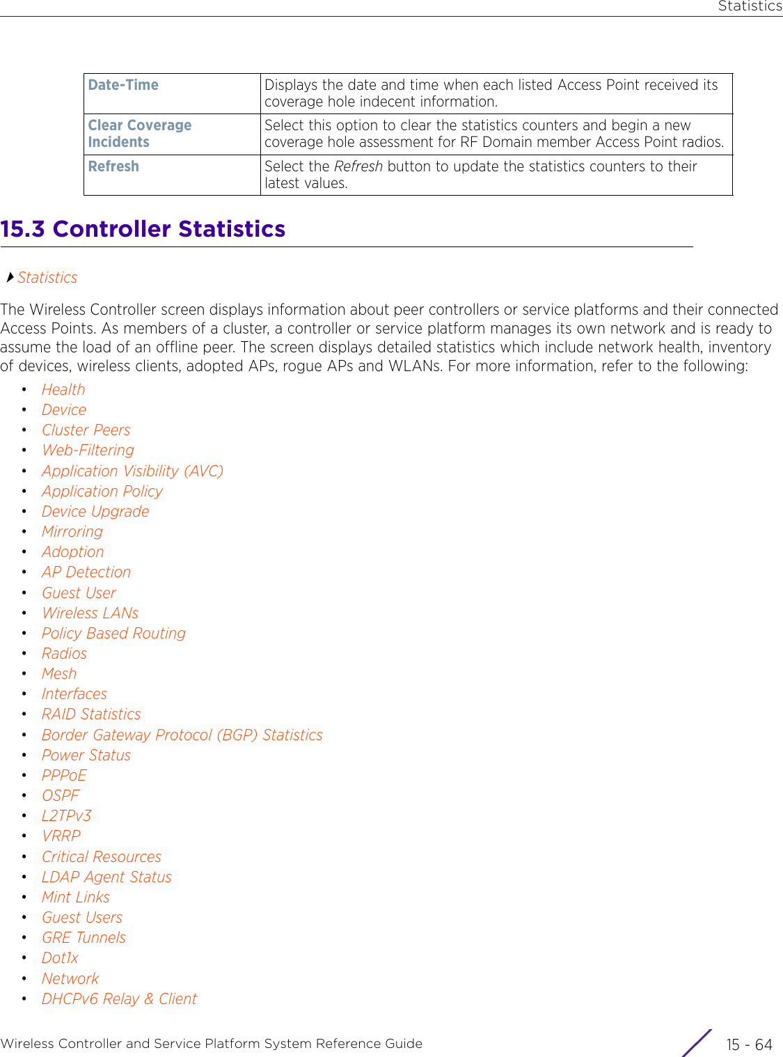 StatisticsWireless Controller and Service Platform System Reference Guide  15 - 6415.3 Controller StatisticsStatisticsThe Wireless Controller screen displays information about peer controllers or service platforms and their connected Access Points. As members of a cluster, a controller or service platform manages its own network and is ready to assume the load of an offline peer. The screen displays detailed statistics which include network health, inventory of devices, wireless clients, adopted APs, rogue APs and WLANs. For more information, refer to the following: •Health•Device•Cluster Peers•Web-Filtering•Application Visibility (AVC)•Application Policy•Device Upgrade•Mirroring•Adoption•AP Detection•Guest User•Wireless LANs•Policy Based Routing•Radios•Mesh•Interfaces•RAID Statistics•Border Gateway Protocol (BGP) Statistics•Power Status•PPPoE•OSPF•L2TPv3•VRRP•Critical Resources•LDAP Agent Status•Mint Links•Guest Users•GRE Tunnels•Dot1x•Network•DHCPv6 Relay &amp; ClientDate-Time Displays the date and time when each listed Access Point received its coverage hole indecent information.Clear Coverage IncidentsSelect this option to clear the statistics counters and begin a new coverage hole assessment for RF Domain member Access Point radios. Refresh Select the Refresh button to update the statistics counters to their latest values.