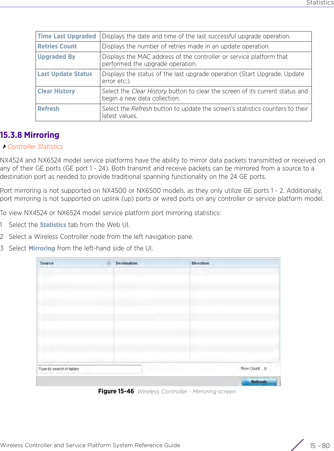 StatisticsWireless Controller and Service Platform System Reference Guide  15 - 8015.3.8 MirroringController StatisticsNX4524 and NX6524 model service platforms have the ability to mirror data packets transmitted or received on any of their GE ports (GE port 1 - 24). Both transmit and receive packets can be mirrored from a source to a destination port as needed to provide traditional spanning functionality on the 24 GE ports.Port mirroring is not supported on NX4500 or NX6500 models, as they only utilize GE ports 1 - 2. Additionally, port mirroring is not supported on uplink (up) ports or wired ports on any controller or service platform model.To view NX4524 or NX6524 model service platform port mirroring statistics:1 Select the Statistics tab from the Web UI.2 Select a Wireless Controller node from the left navigation pane. 3Select Mirroring from the left-hand side of the UI.Figure 15-46 Wireless Controller - Mirroring screenTime Last Upgraded Displays the date and time of the last successful upgrade operation.Retries Count Displays the number of retries made in an update operation.Upgraded By Displays the MAC address of the controller or service platform that performed the upgrade operation.Last Update Status Displays the status of the last upgrade operation (Start Upgrade, Update error etc.).Clear History Select the Clear History button to clear the screen of its current status and begin a new data collection.Refresh Select the Refresh button to update the screen’s statistics counters to their latest values.